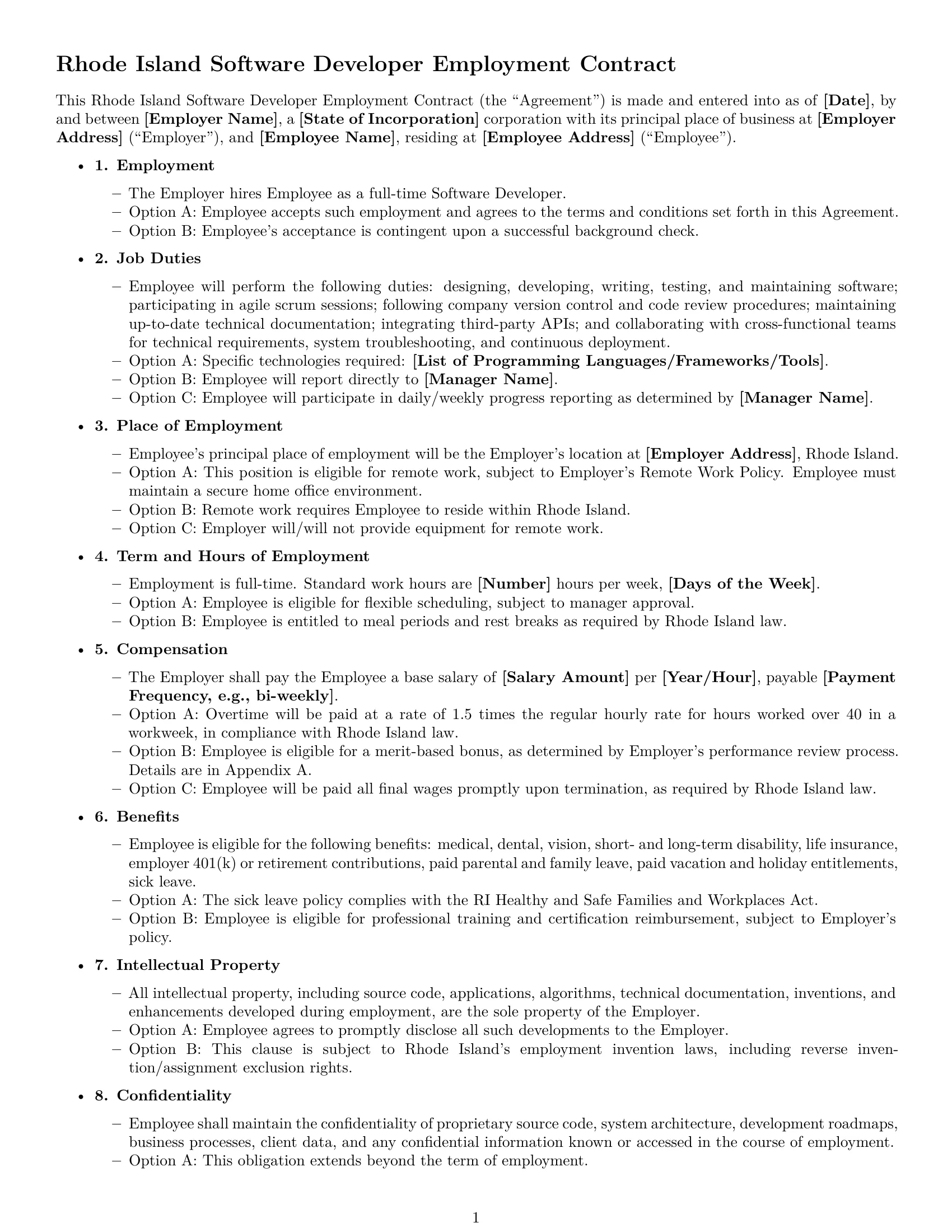 Preview page 1 of Free Rhode Island software developer employment contract template