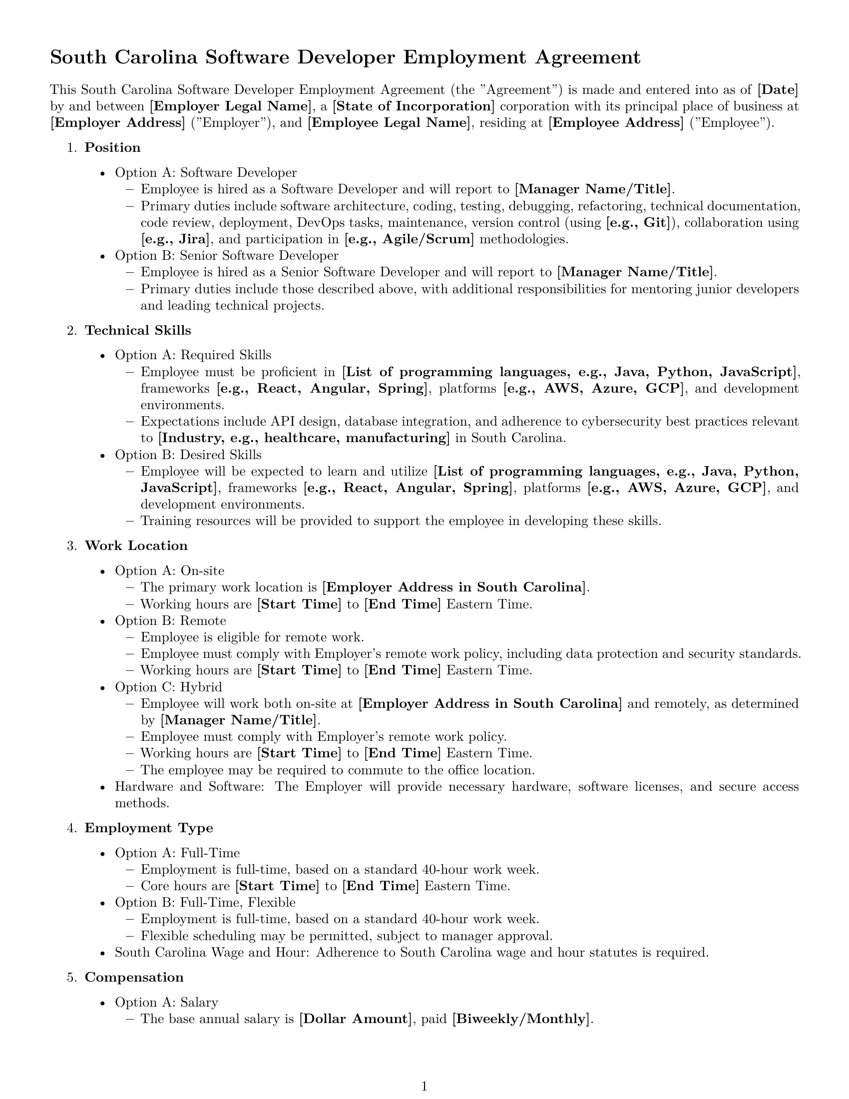 Preview page 1 of Free South Carolina software developer employment contract template