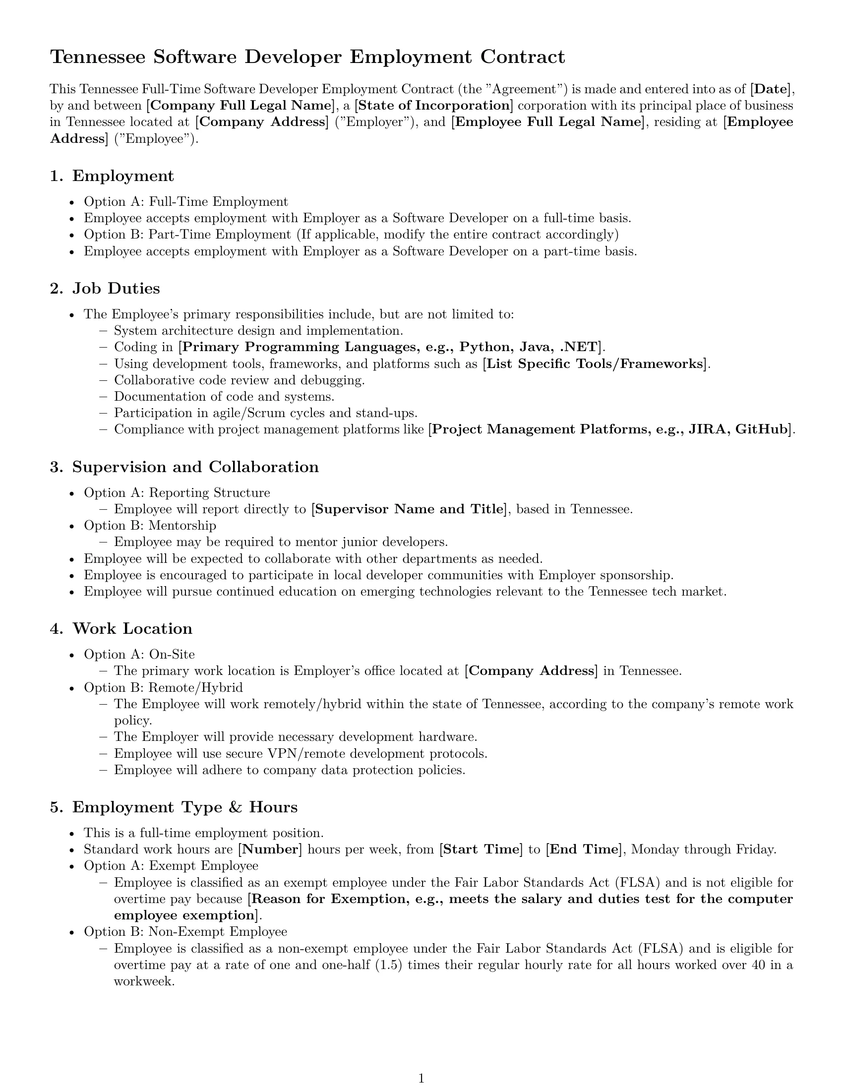 Preview page 1 of Free Tennessee software developer employment contract template
