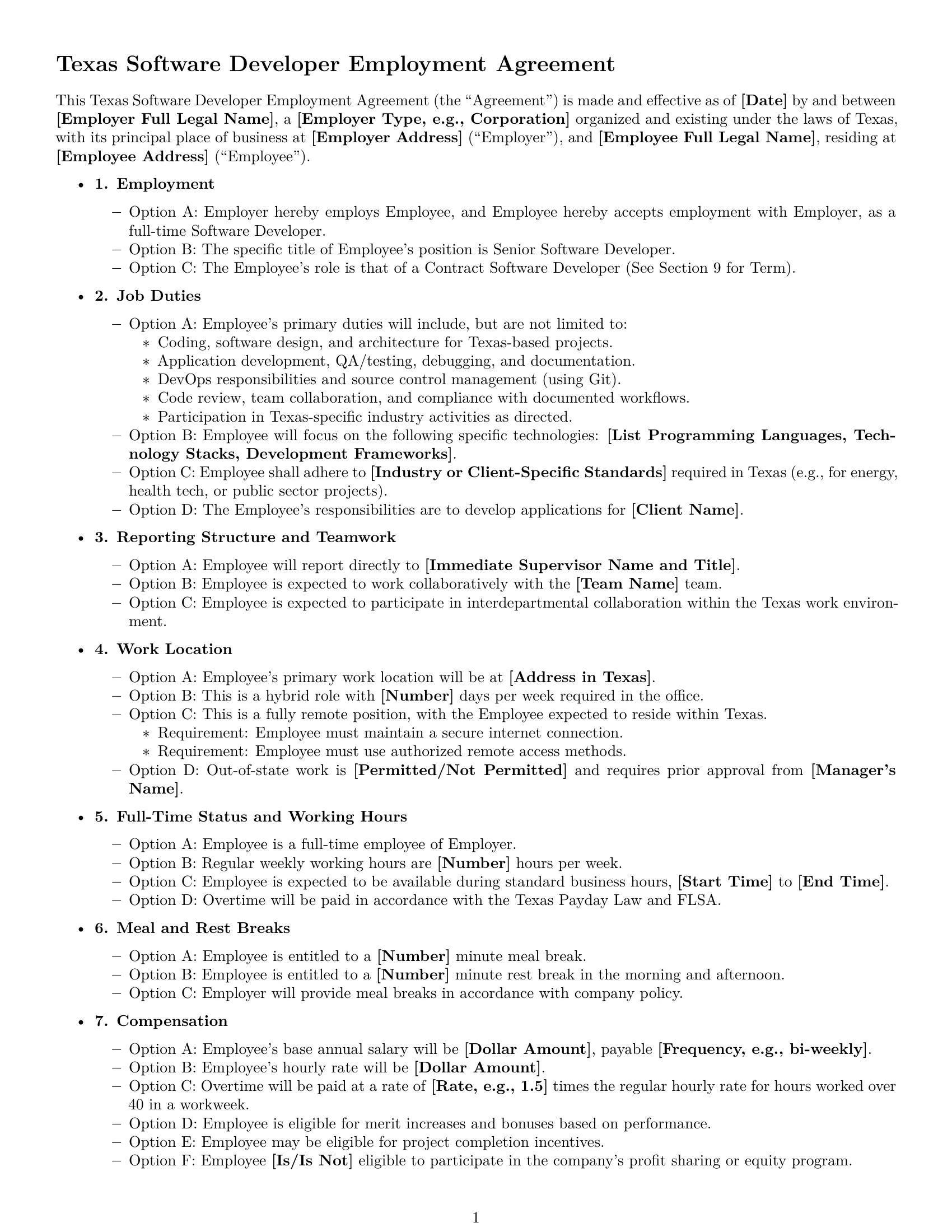 Preview page 1 of Free Texas software developer employment contract template