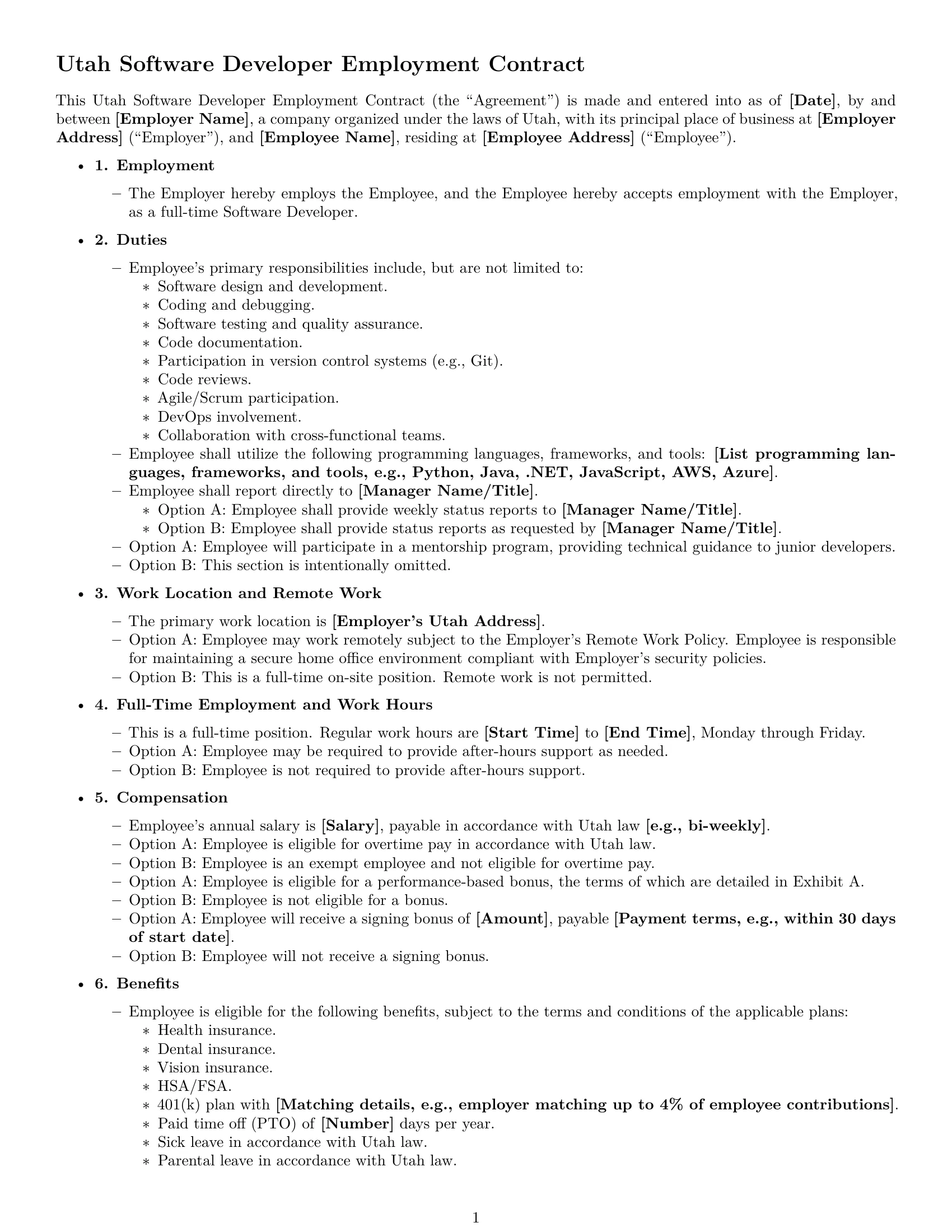 Preview page 1 of Free Utah software developer employment contract template