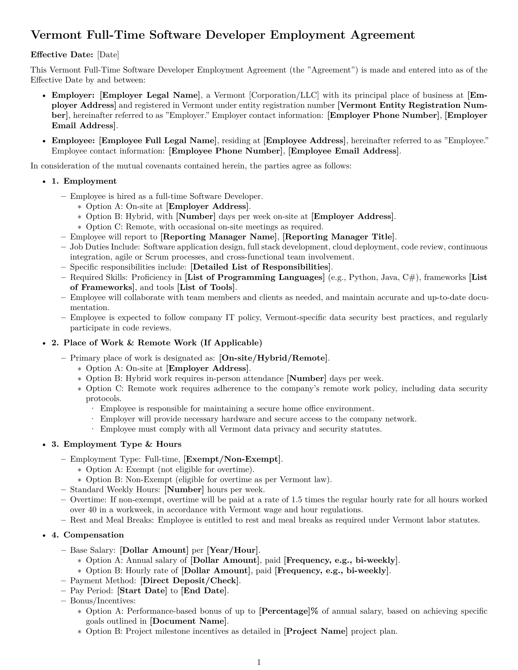 Preview page 1 of Free Vermont software developer employment contract template