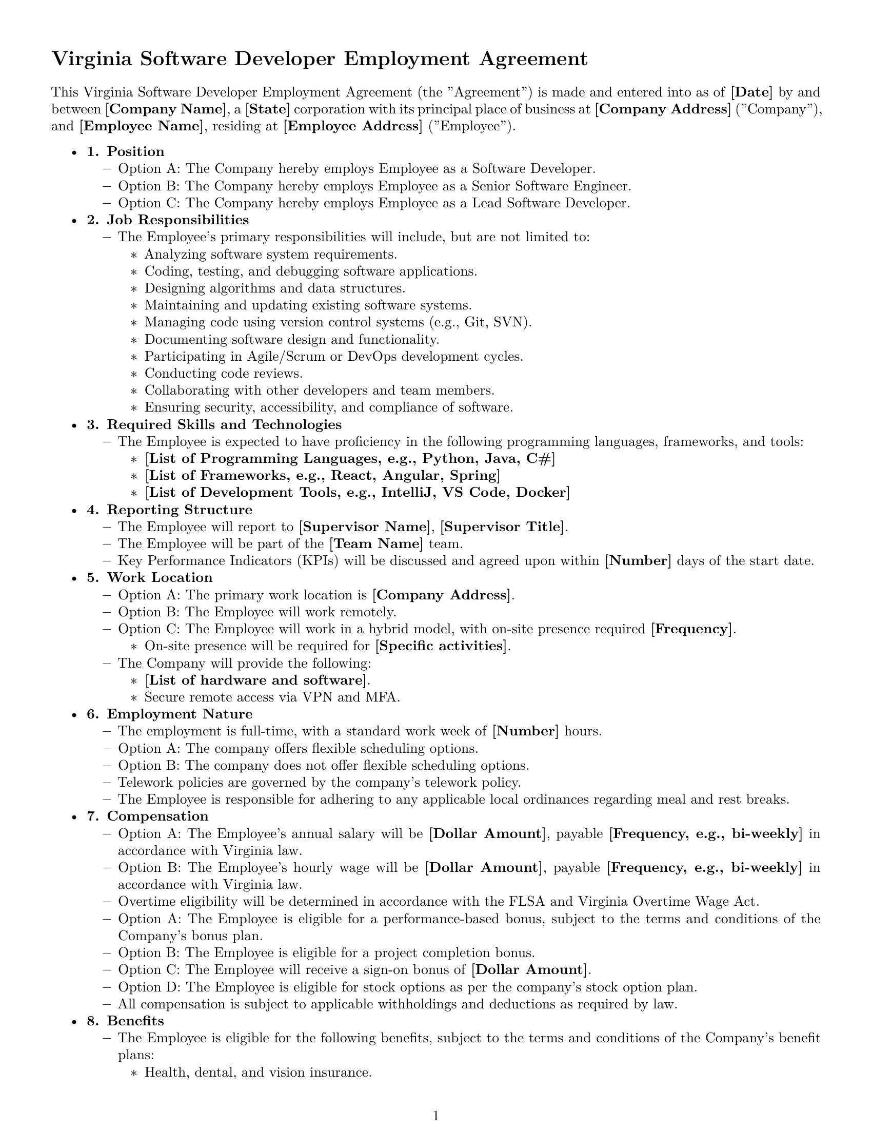 Preview page 1 of Free Virginia software developer employment contract template