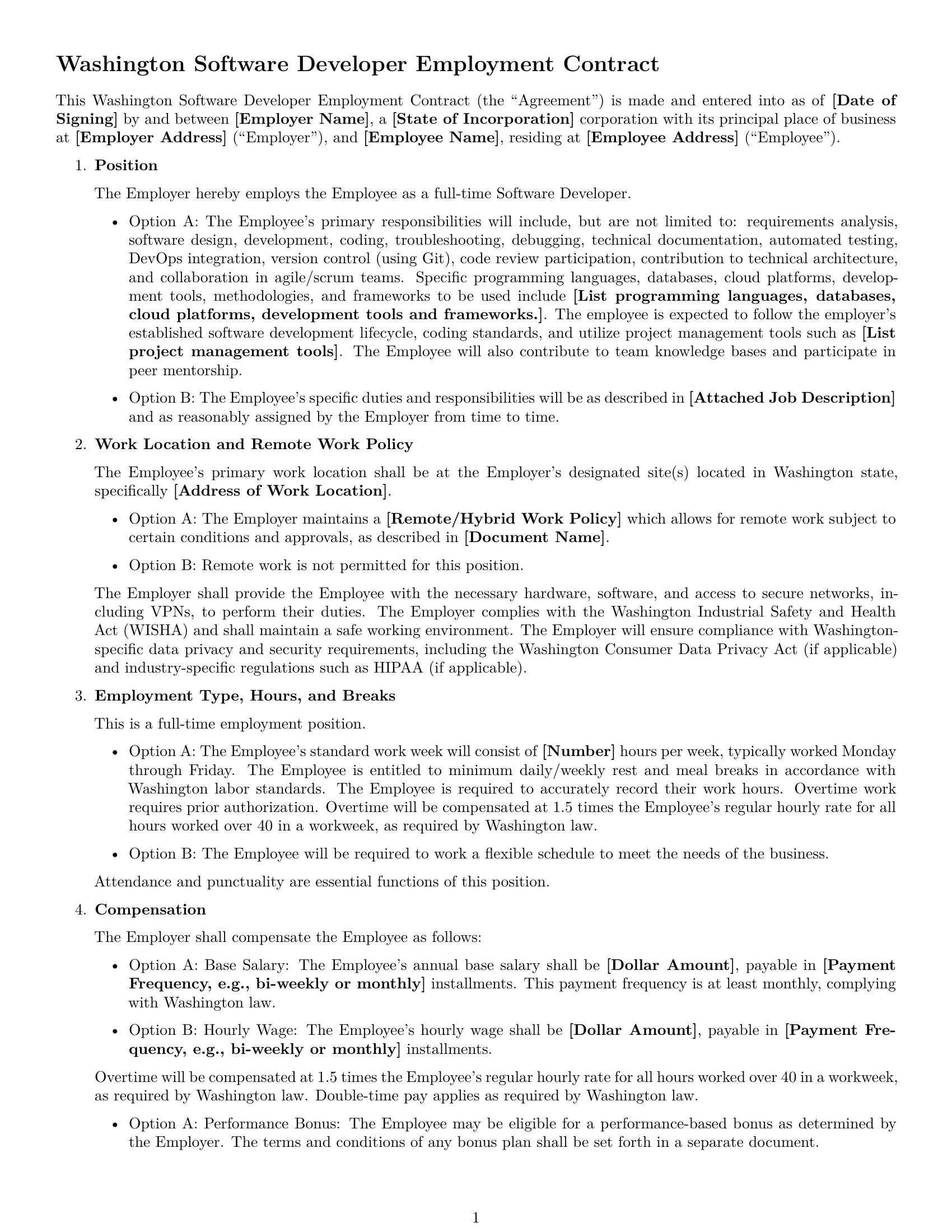 Preview page 1 of Free Washington software developer employment contract template