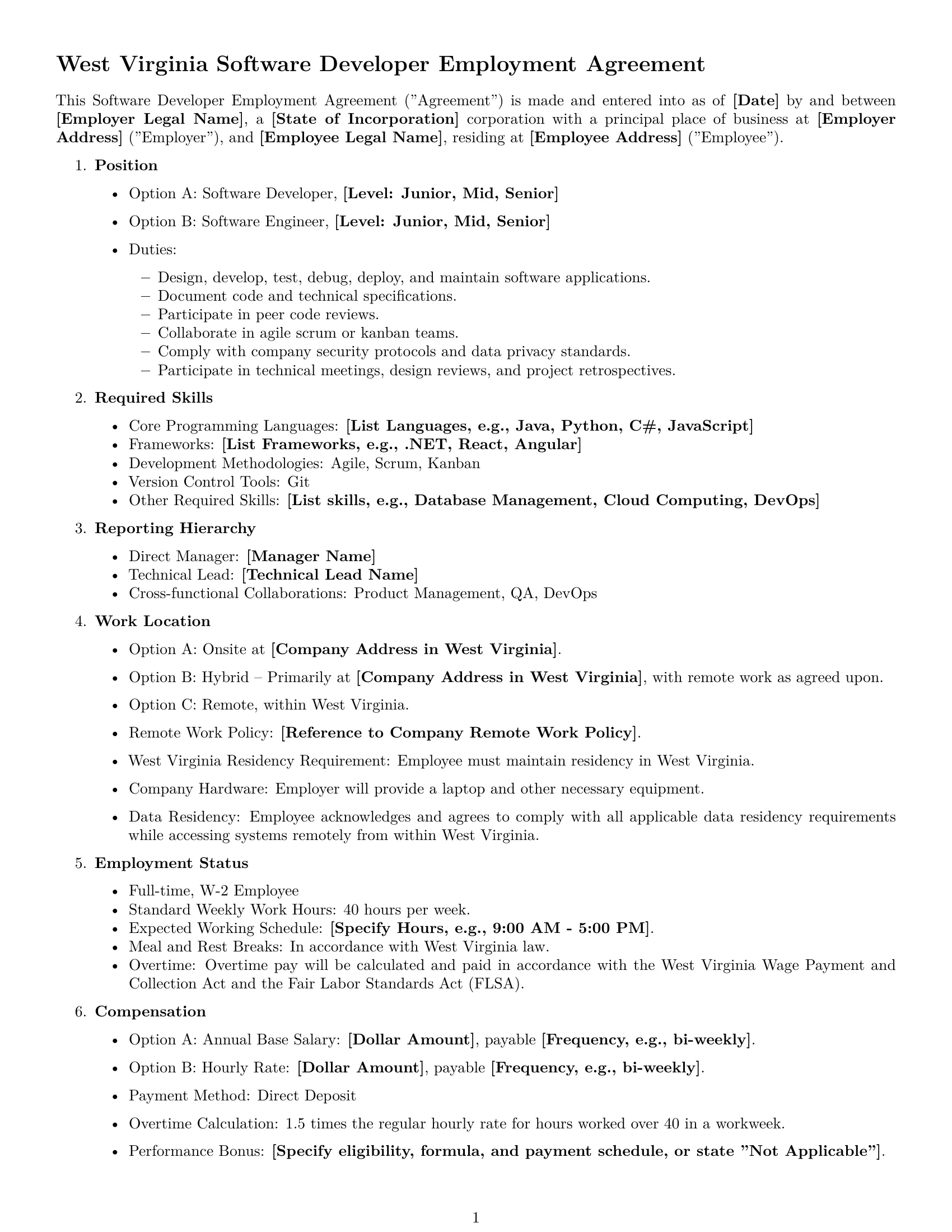 Preview page 1 of Free West Virginia software developer employment contract template