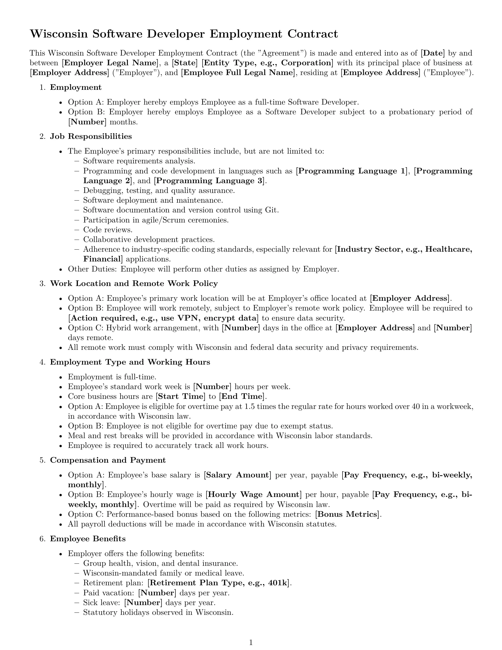 Preview page 1 of Free Wisconsin software developer employment contract template