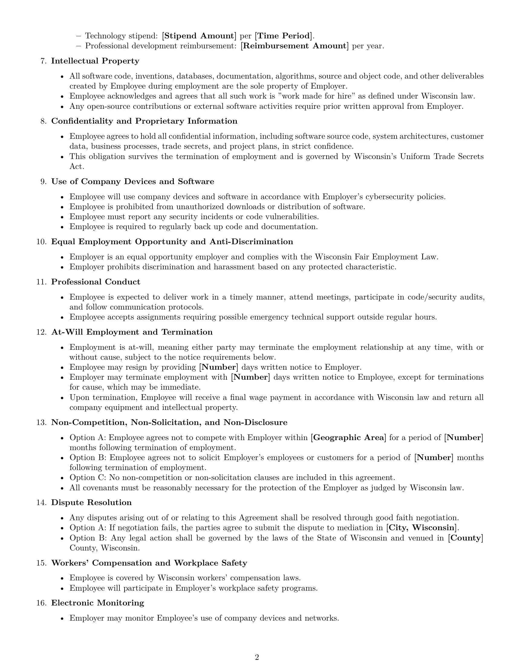 Preview page 2 of Free Wisconsin software developer employment contract template