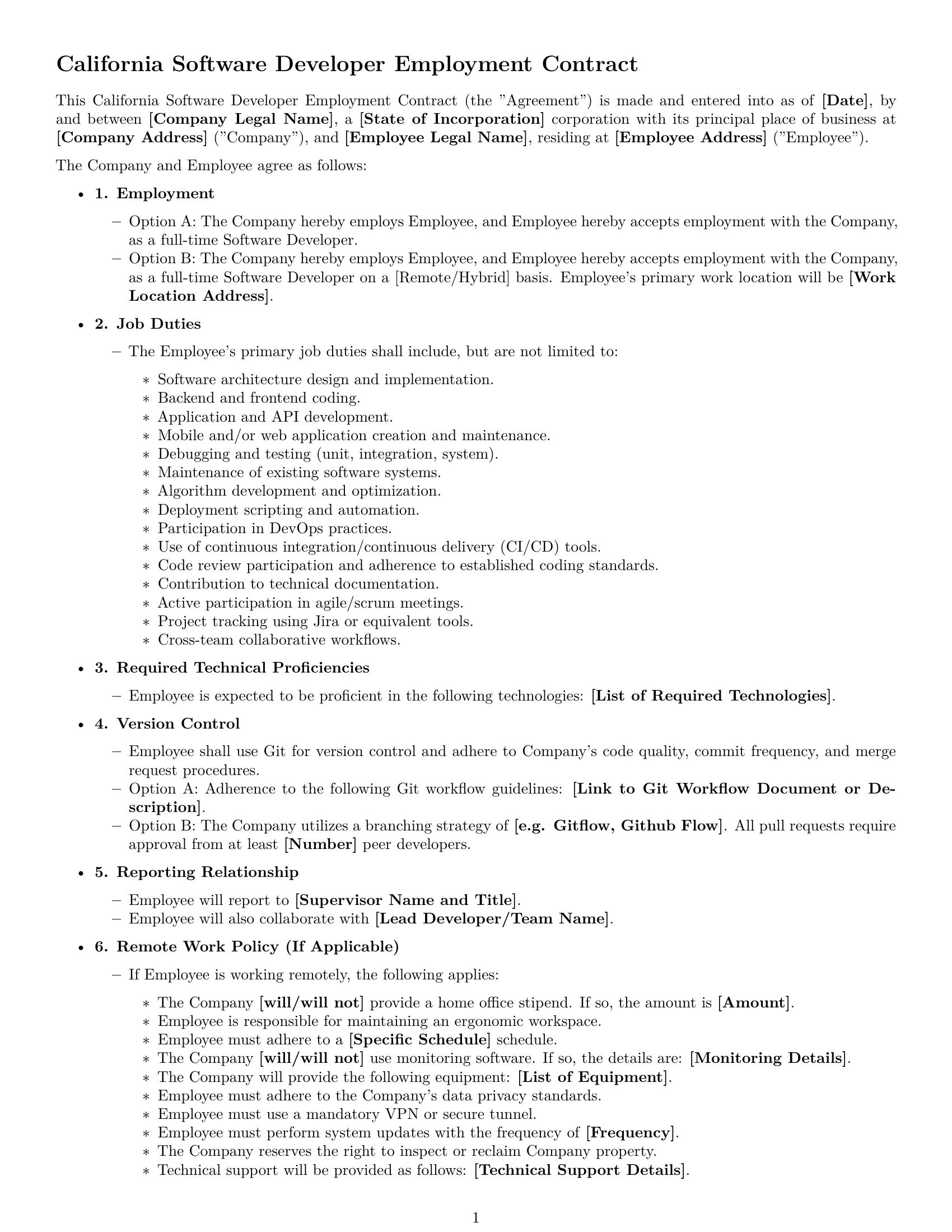 Preview page 1 of Free California software developer employment contract template