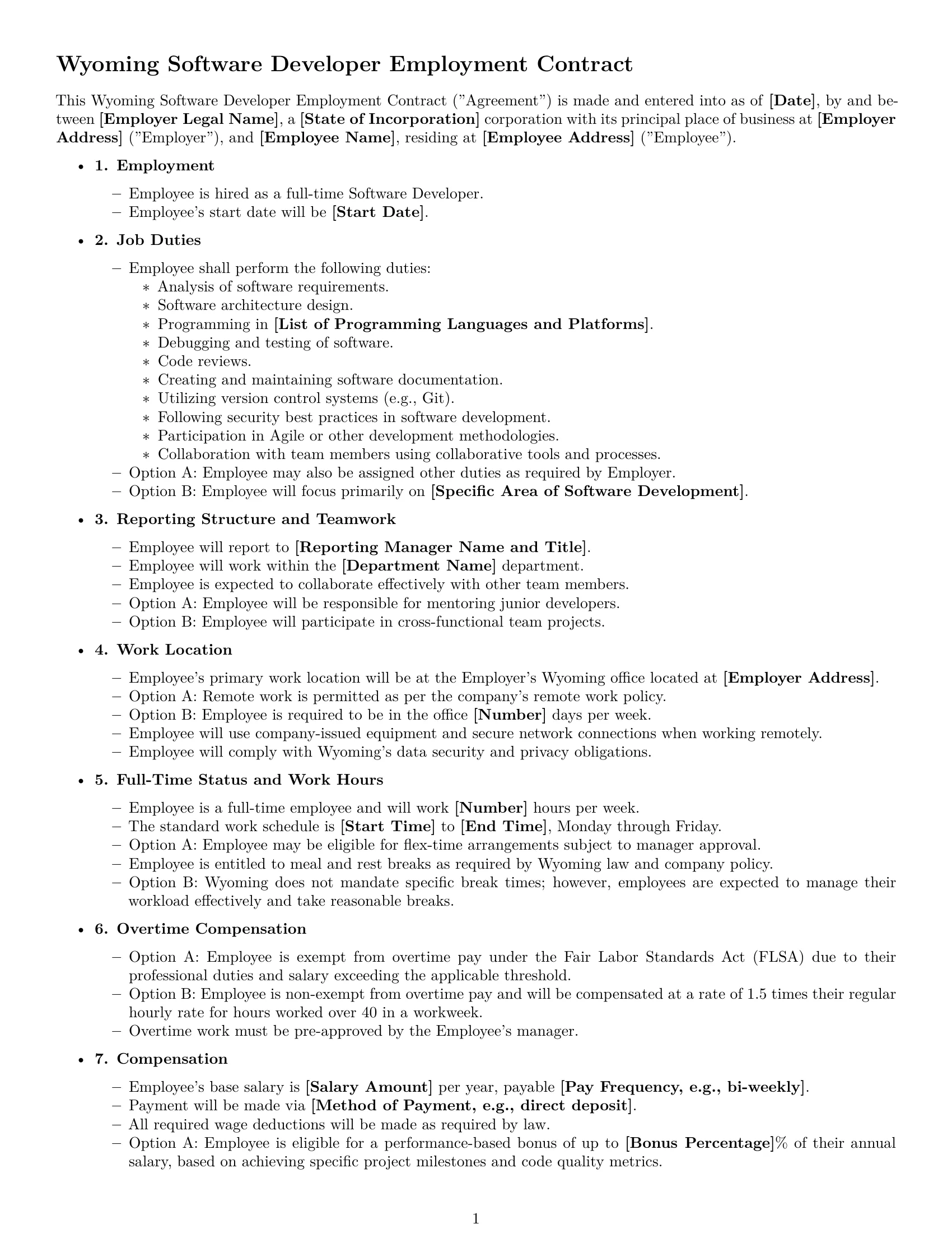 Preview page 1 of Free Wyoming software developer employment contract template