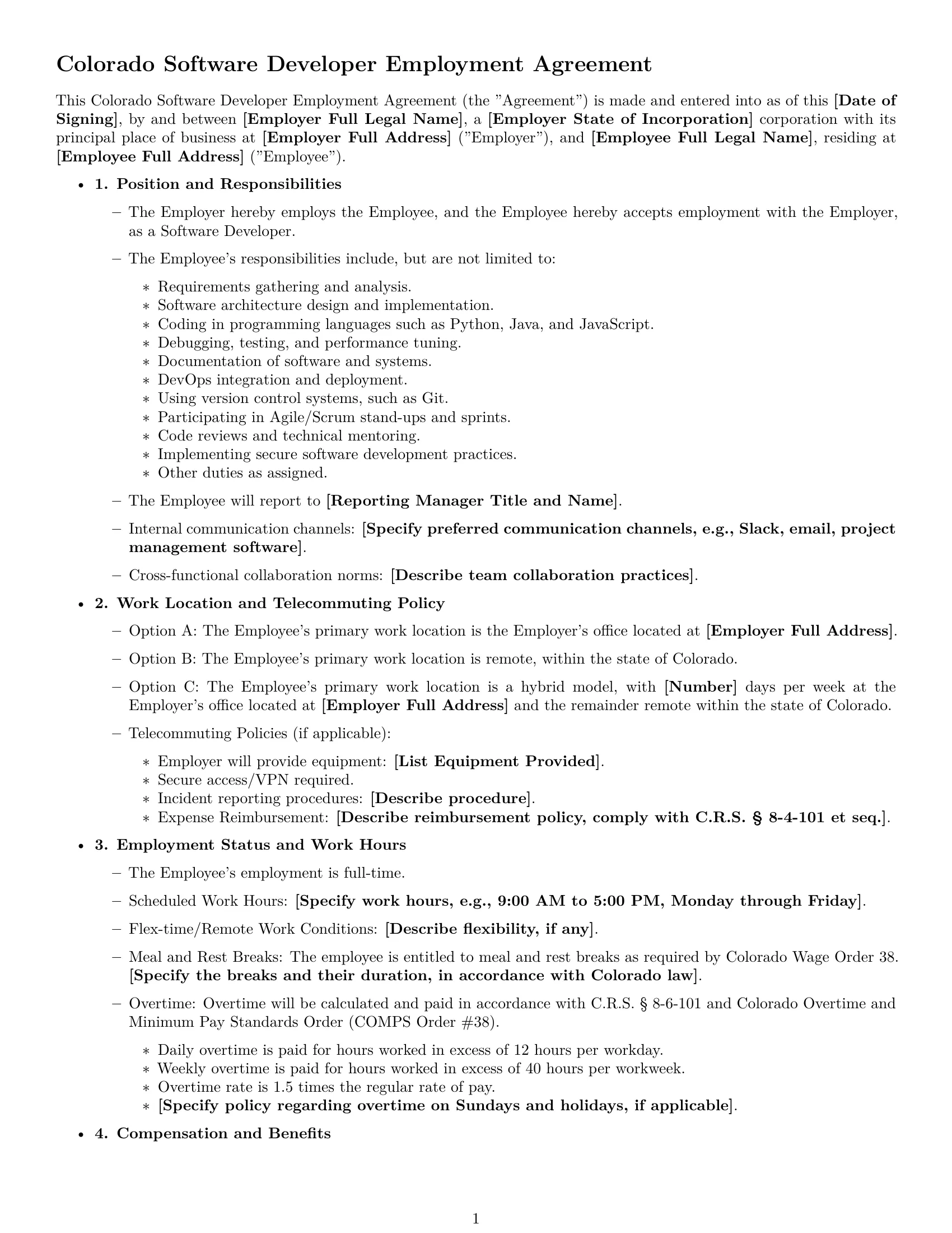 Preview page 1 of Free Colorado software developer employment contract template