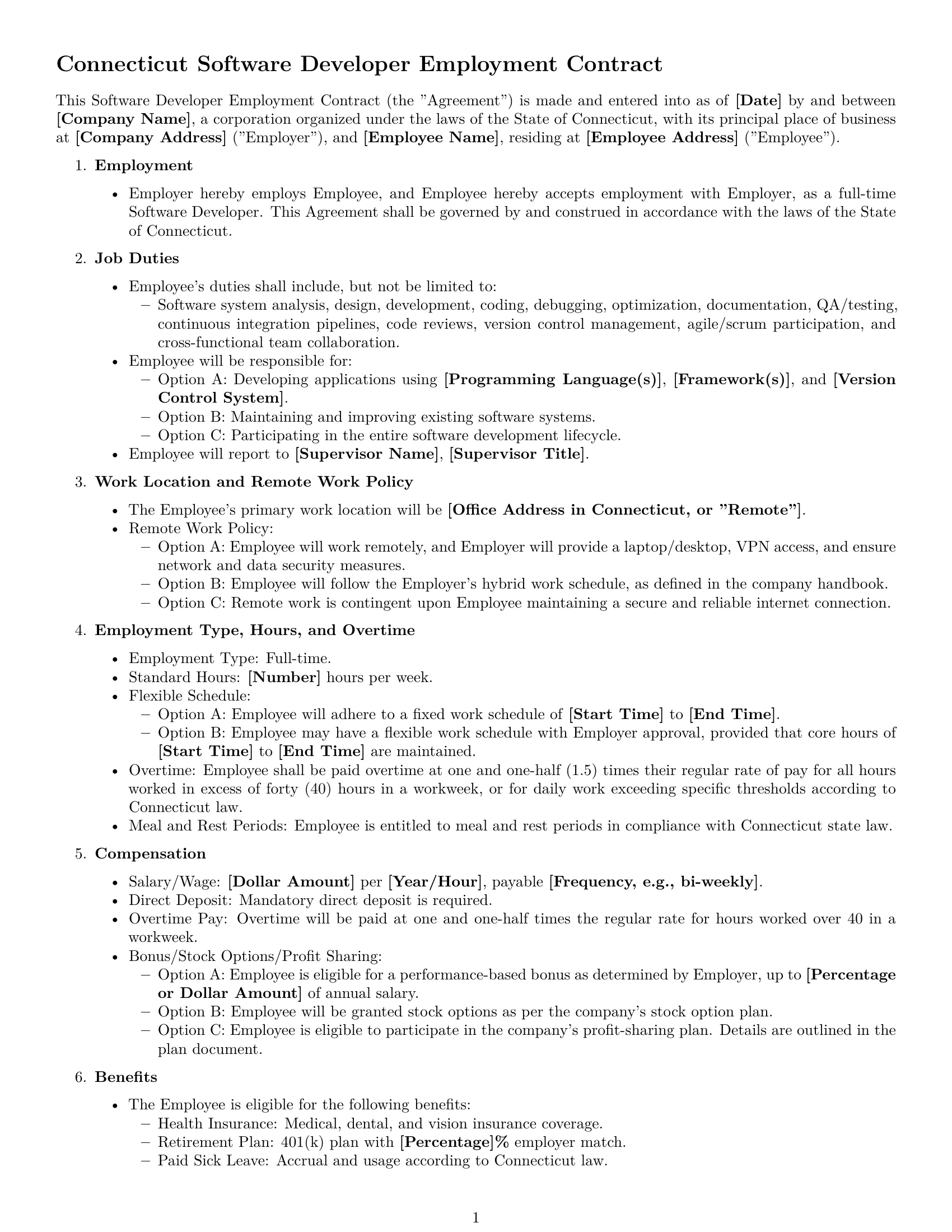 Preview page 1 of Free Connecticut software developer employment contract template