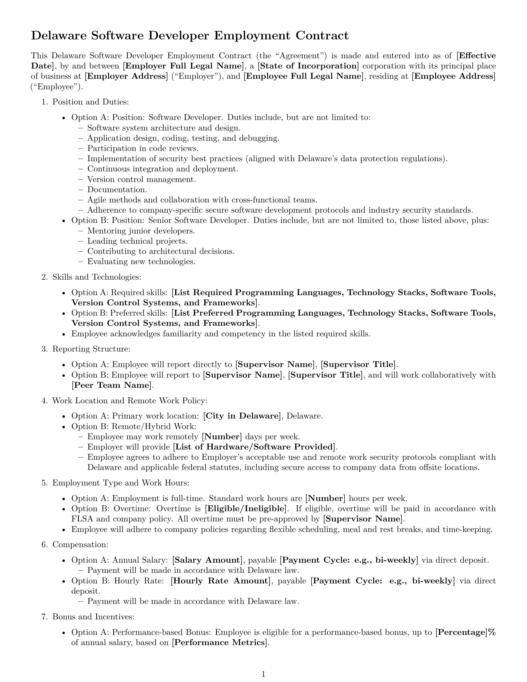 Preview page 1 of Free Delaware software developer employment contract template