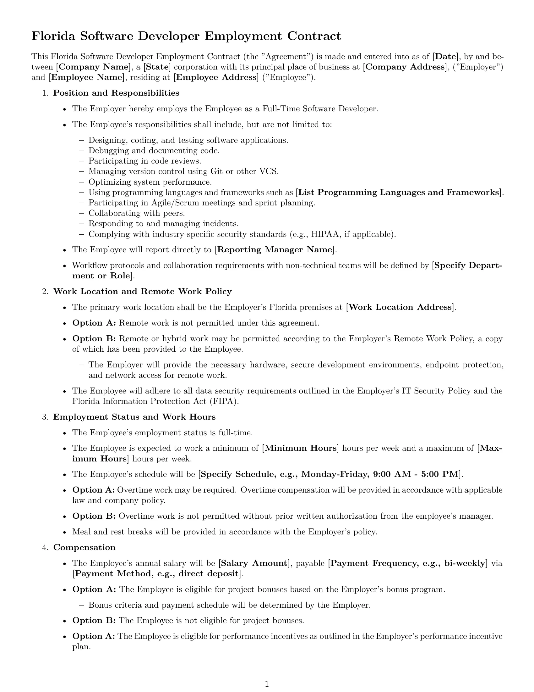 Preview page 1 of Free Florida software developer employment contract template