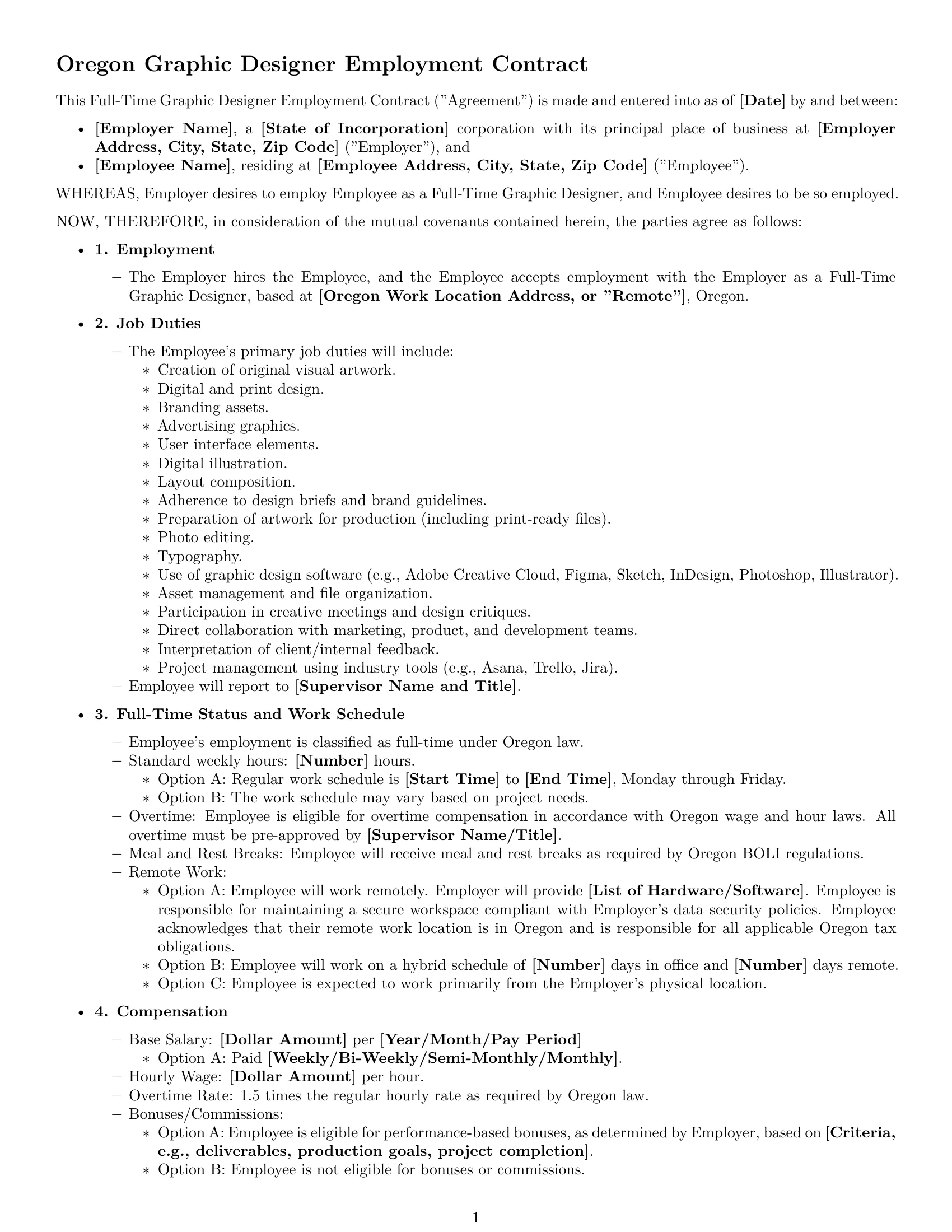 Preview page 1 of Free Oregon graphic designer employment contract template