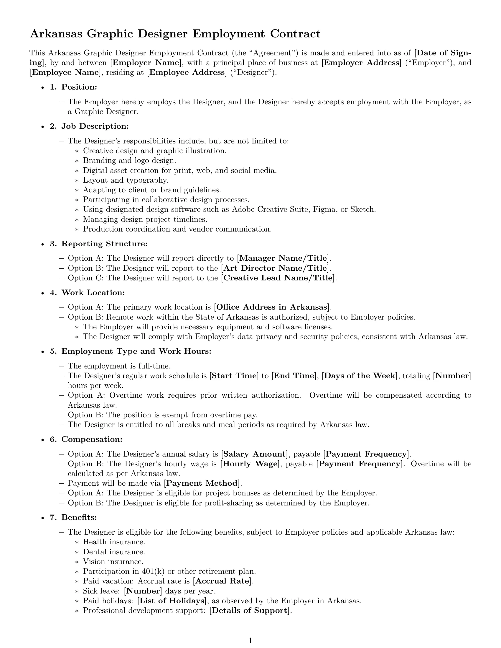 Preview page 1 of Free Arkansas graphic designer employment contract template