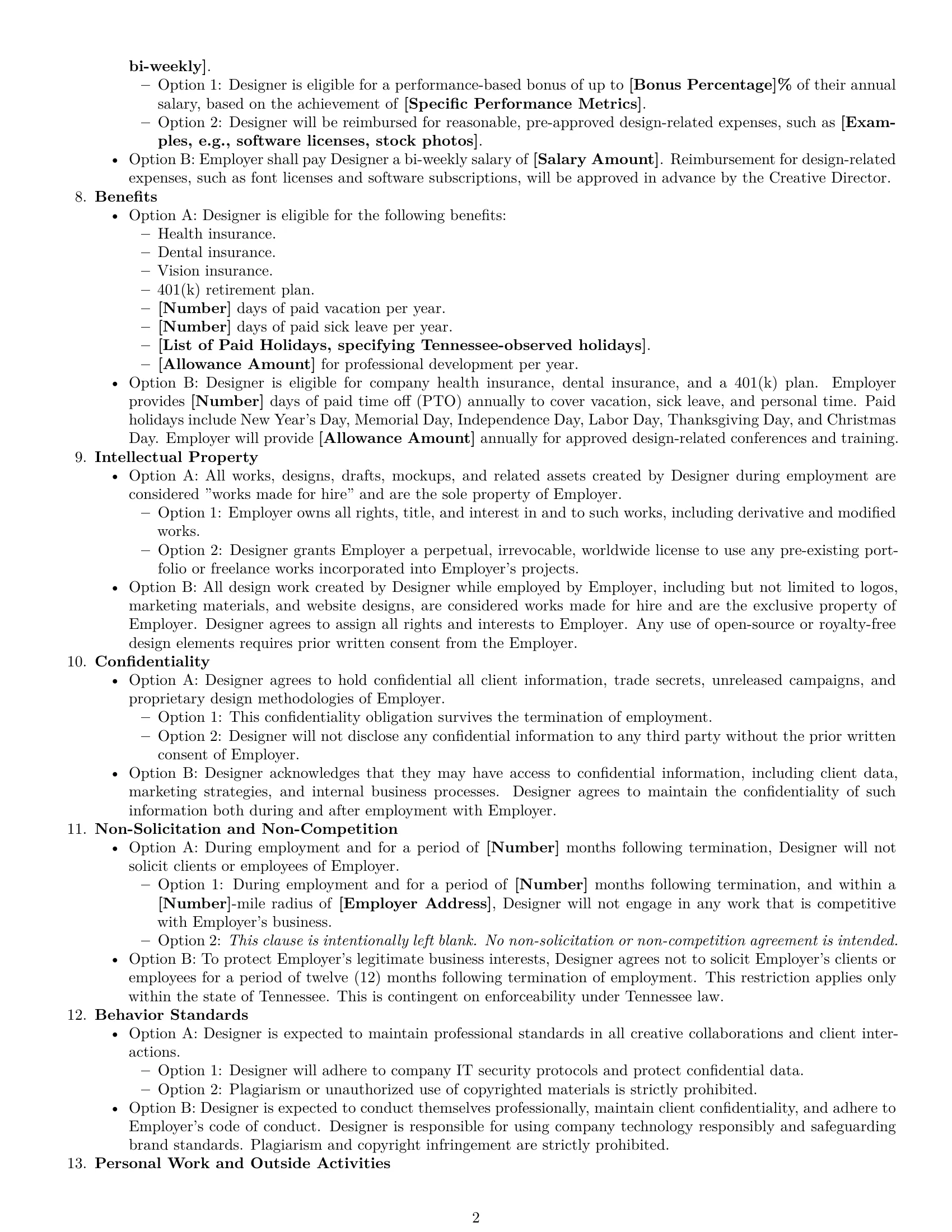 Preview page 2 of Free Tennessee graphic designer employment contract template