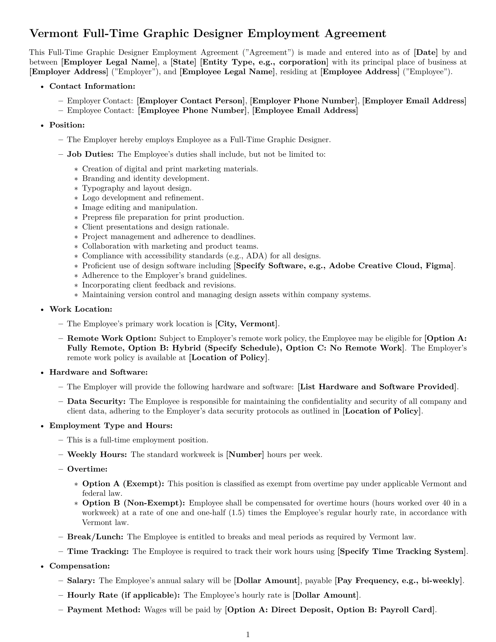 Preview page 1 of Free Vermont graphic designer employment contract template