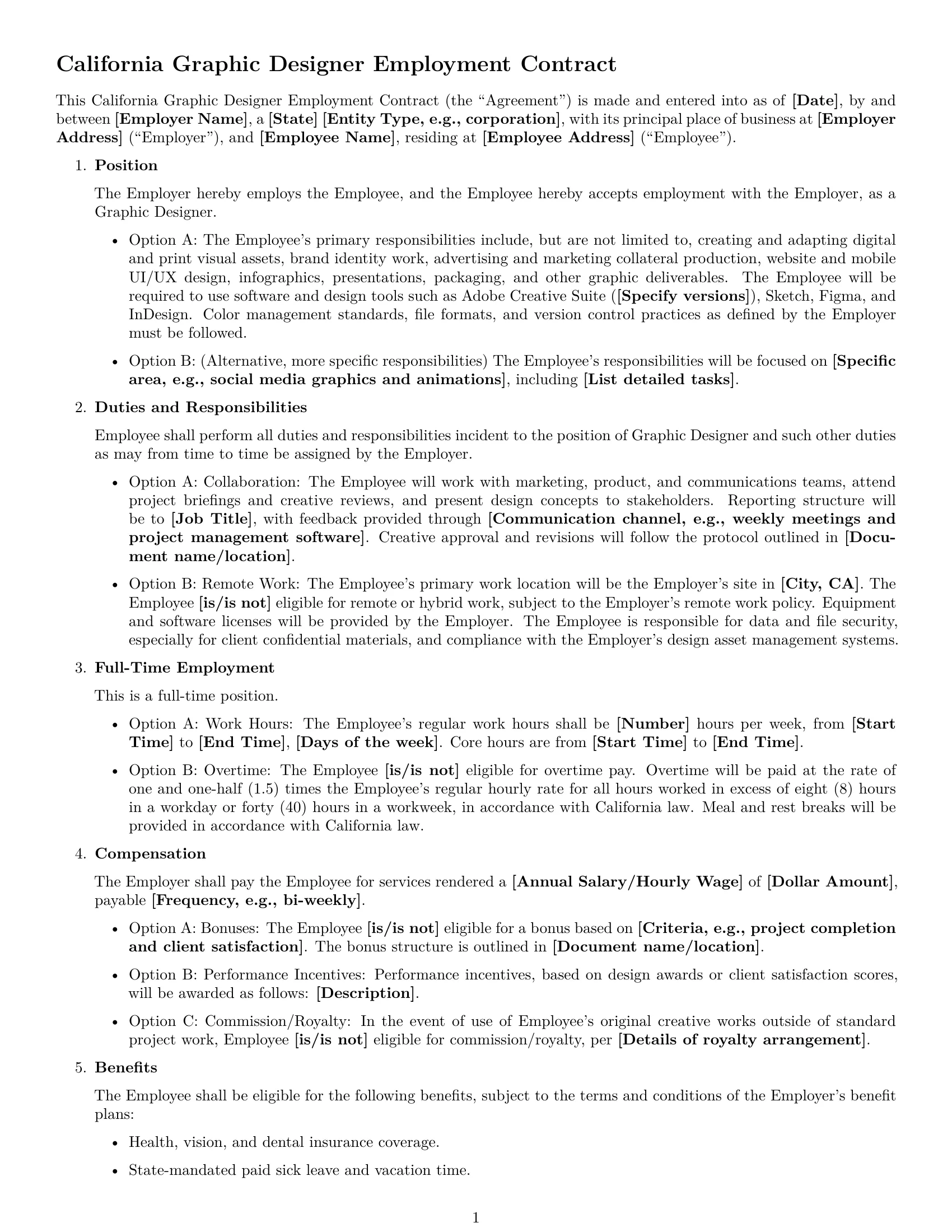 Preview page 1 of Free California graphic designer employment contract template