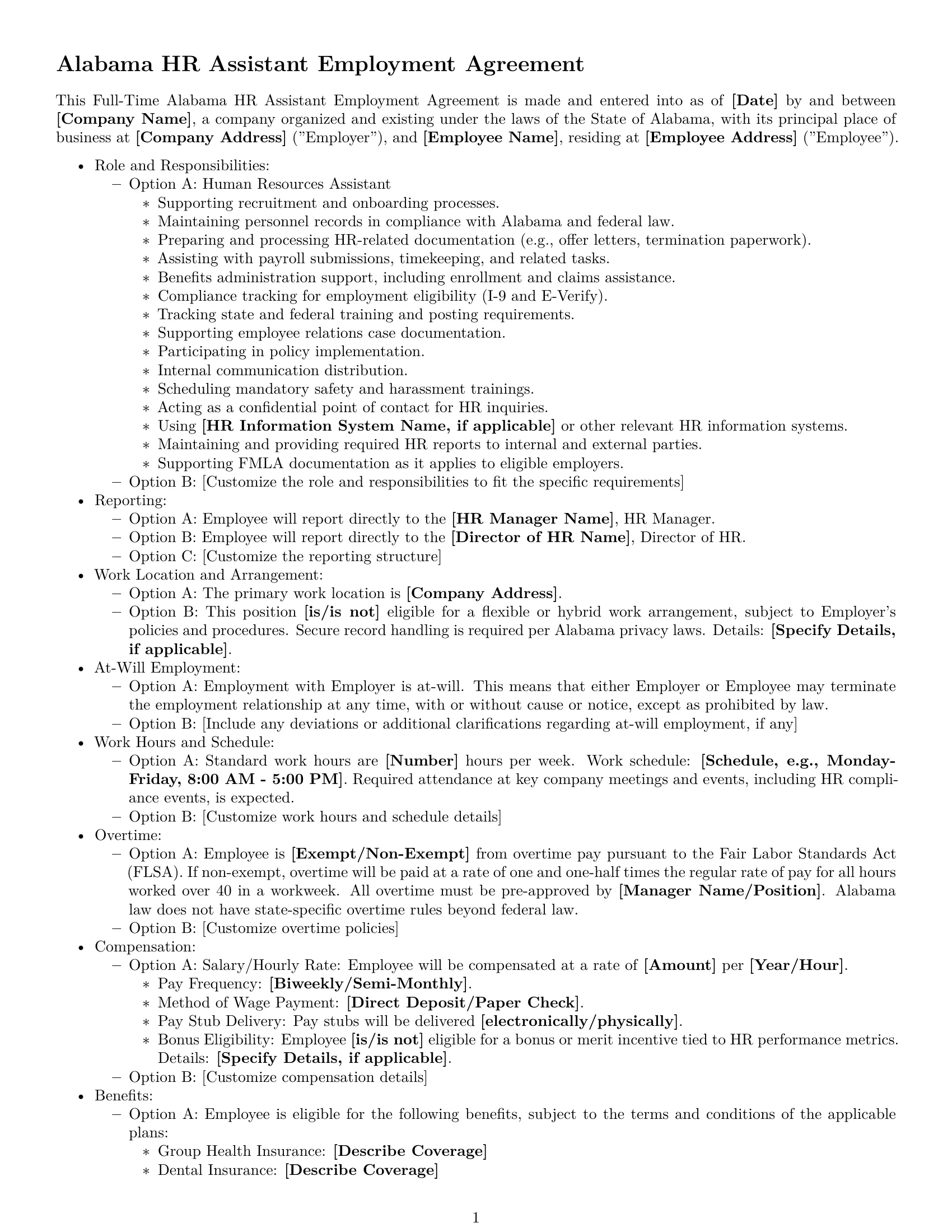 Preview page 1 of Free Alabama HR assistant employment contract template
