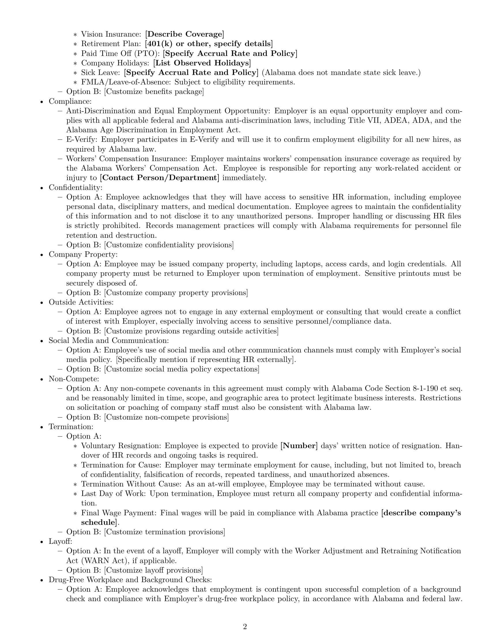 Preview page 2 of Free Alabama HR assistant employment contract template