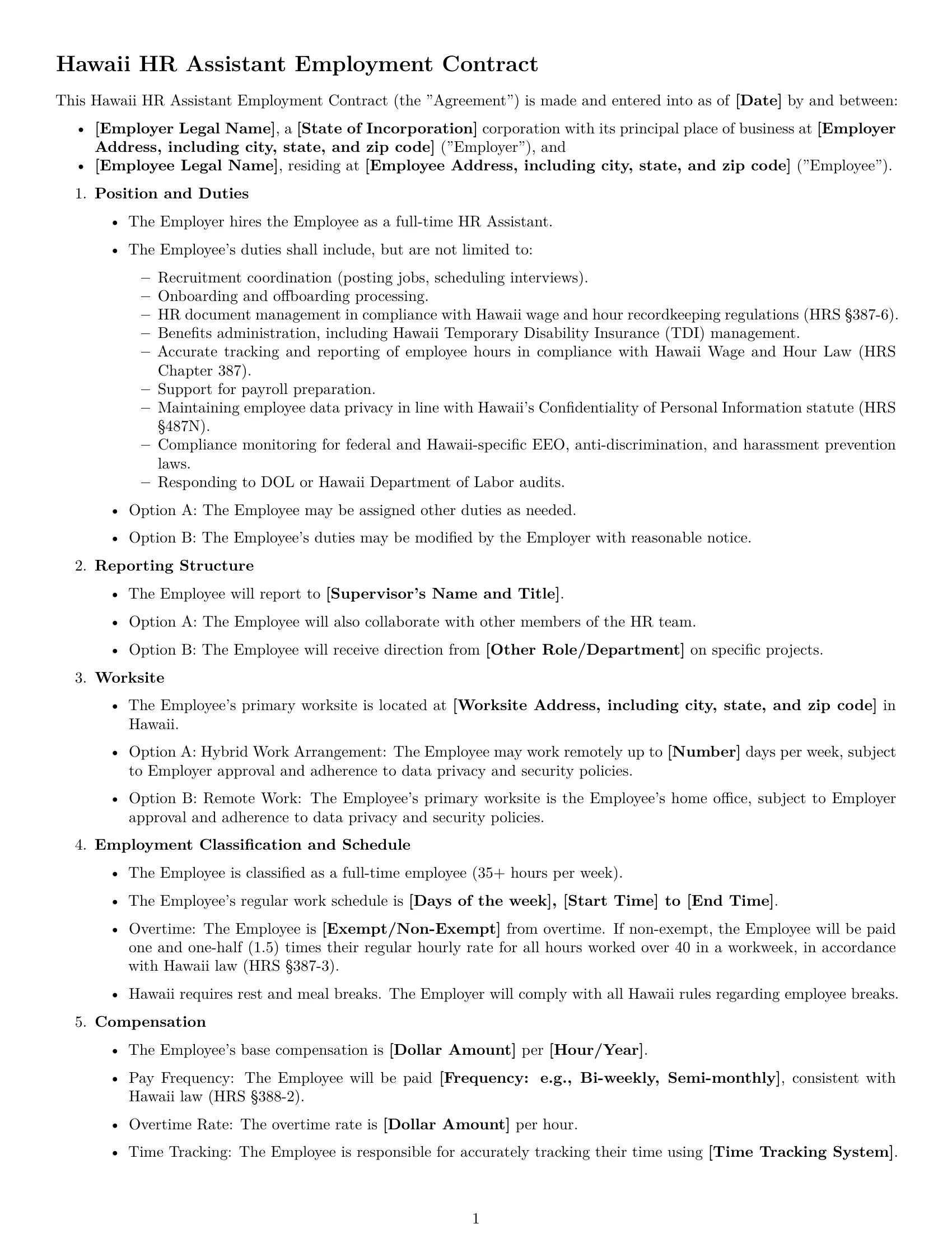 Preview page 1 of Free Hawaii HR assistant employment contract template