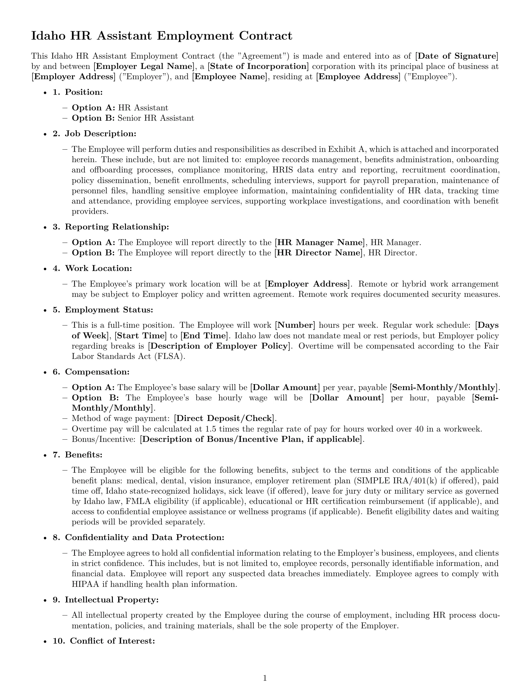 Preview page 1 of Free Idaho HR assistant employment contract template