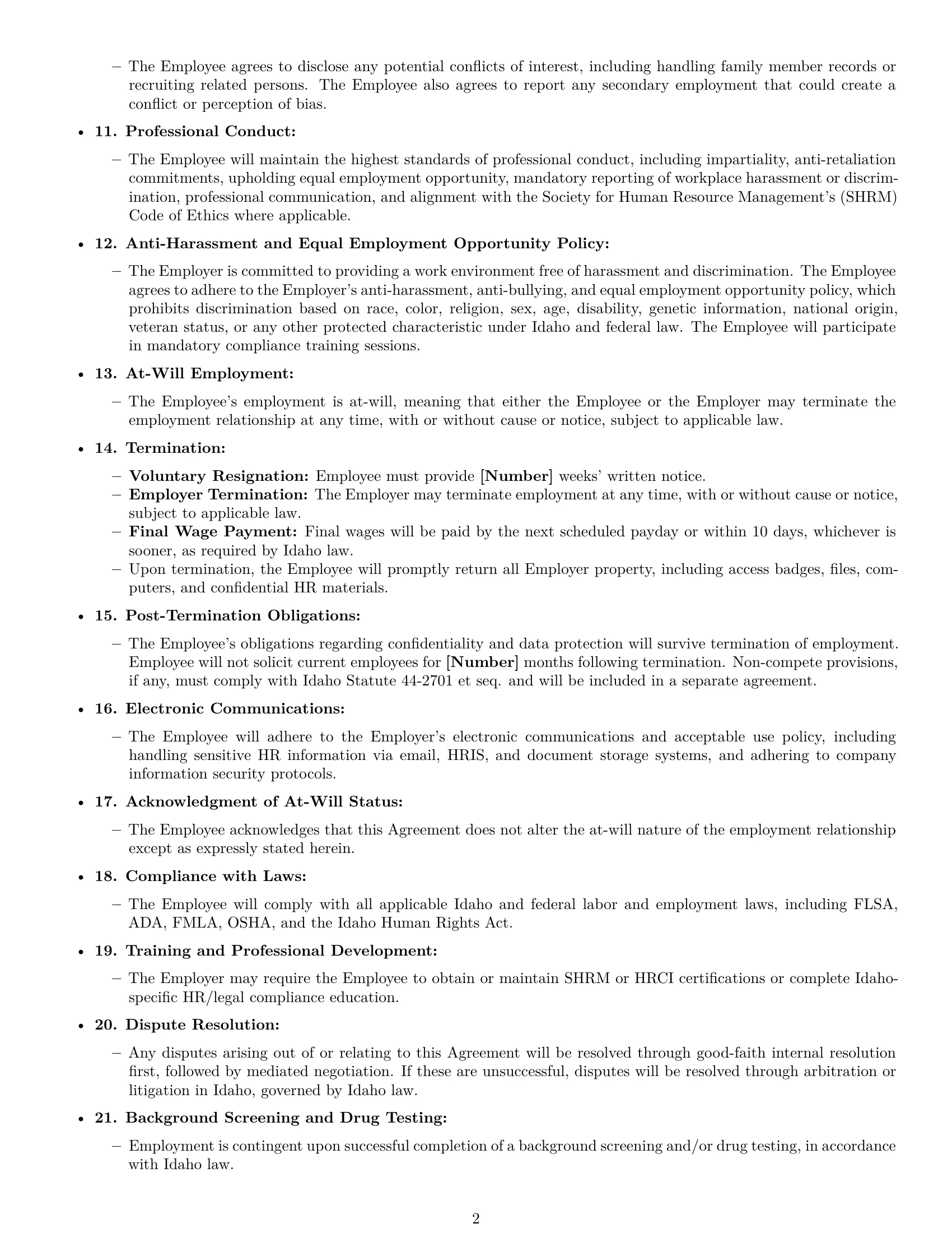 Preview page 2 of Free Idaho HR assistant employment contract template