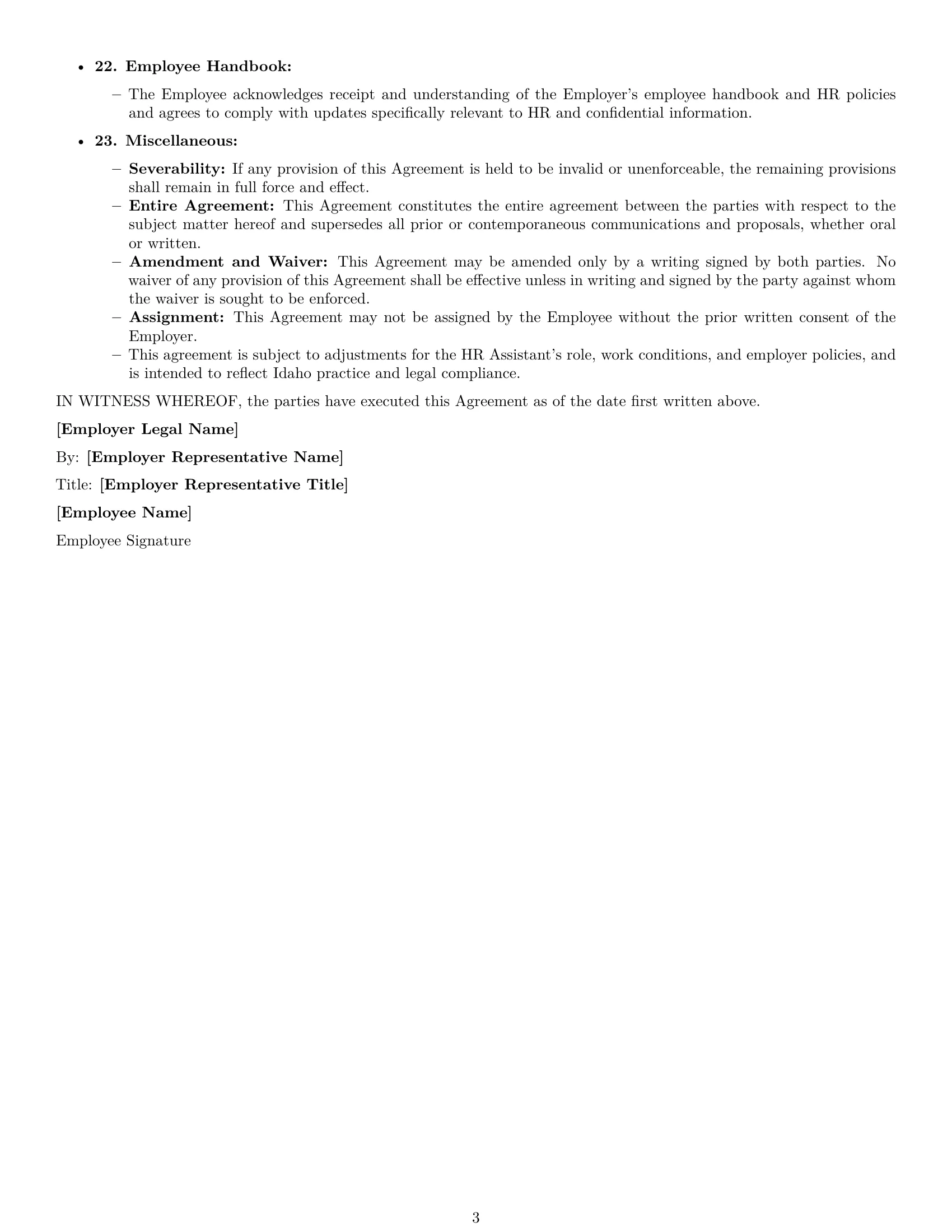 Preview page 3 of Free Idaho HR assistant employment contract template