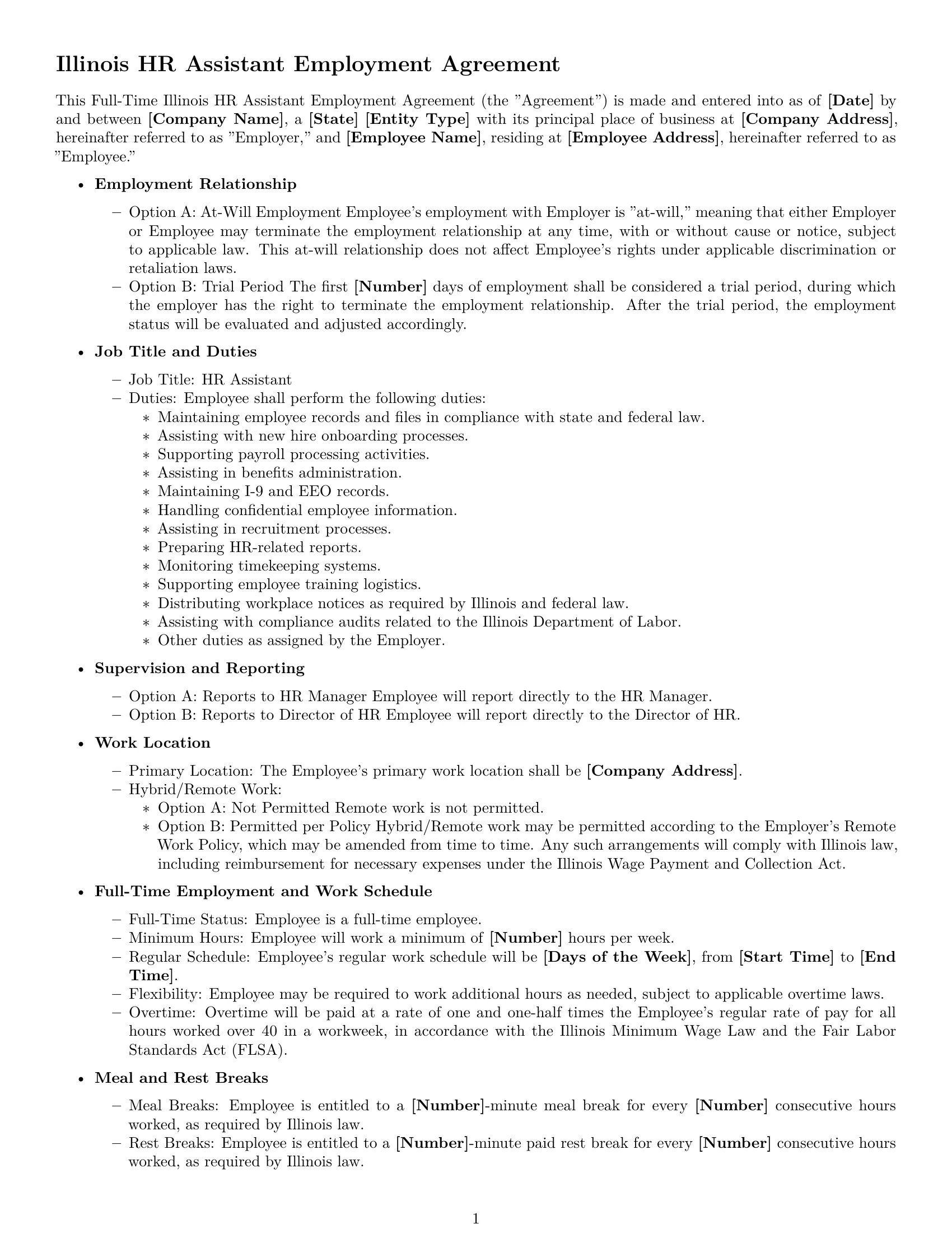 Preview page 1 of Free Illinois HR assistant employment contract template