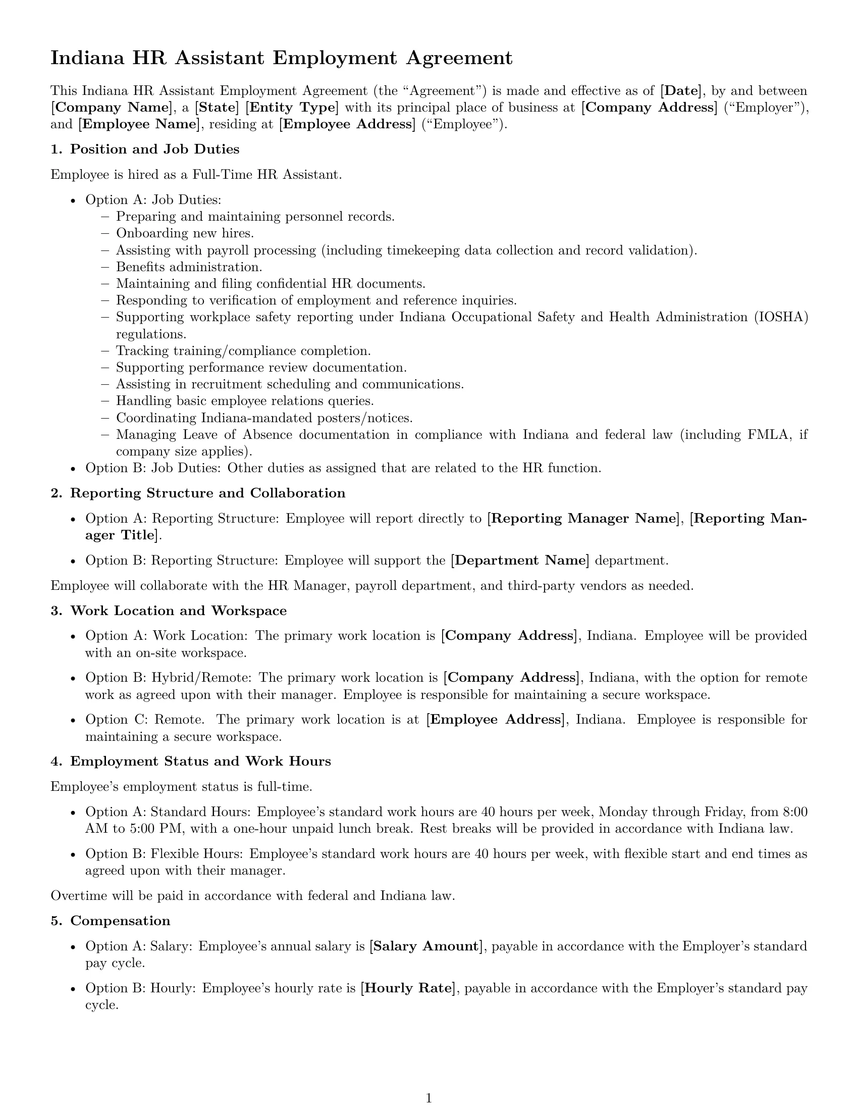 Preview page 1 of Free Indiana HR assistant employment contract template