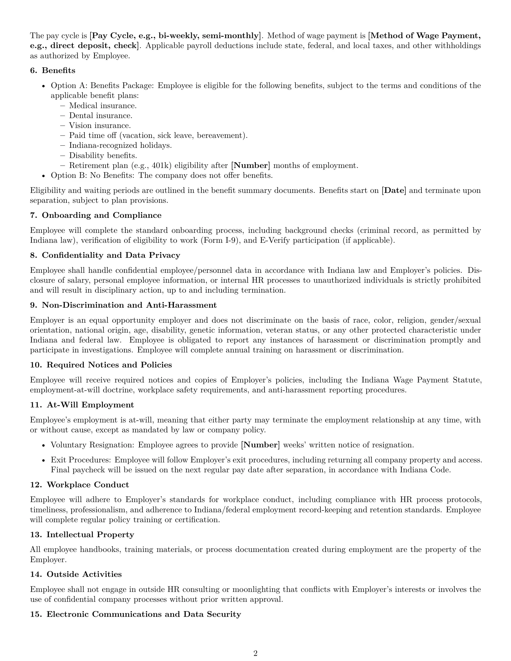 Preview page 2 of Free Indiana HR assistant employment contract template