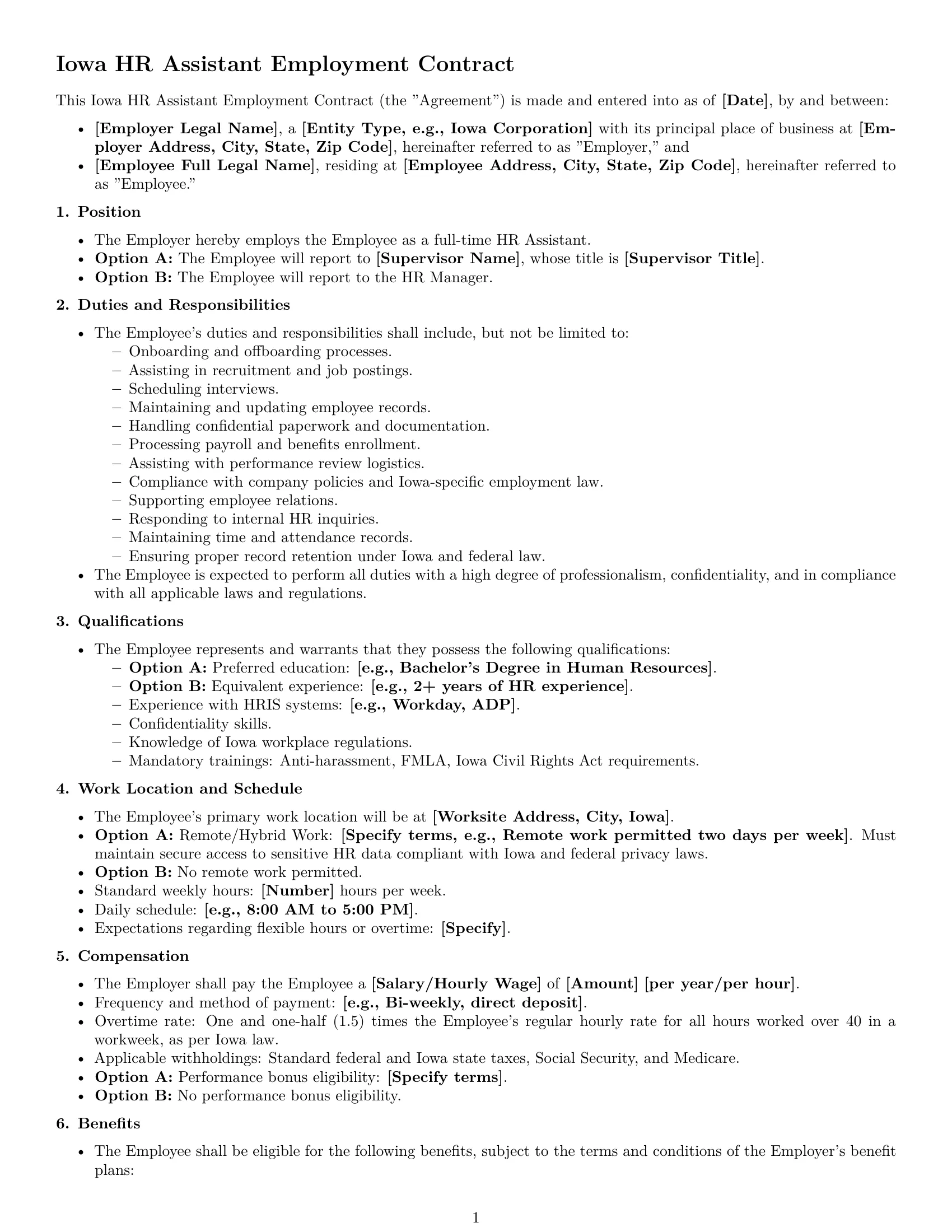 Preview page 1 of Free Iowa HR assistant employment contract template