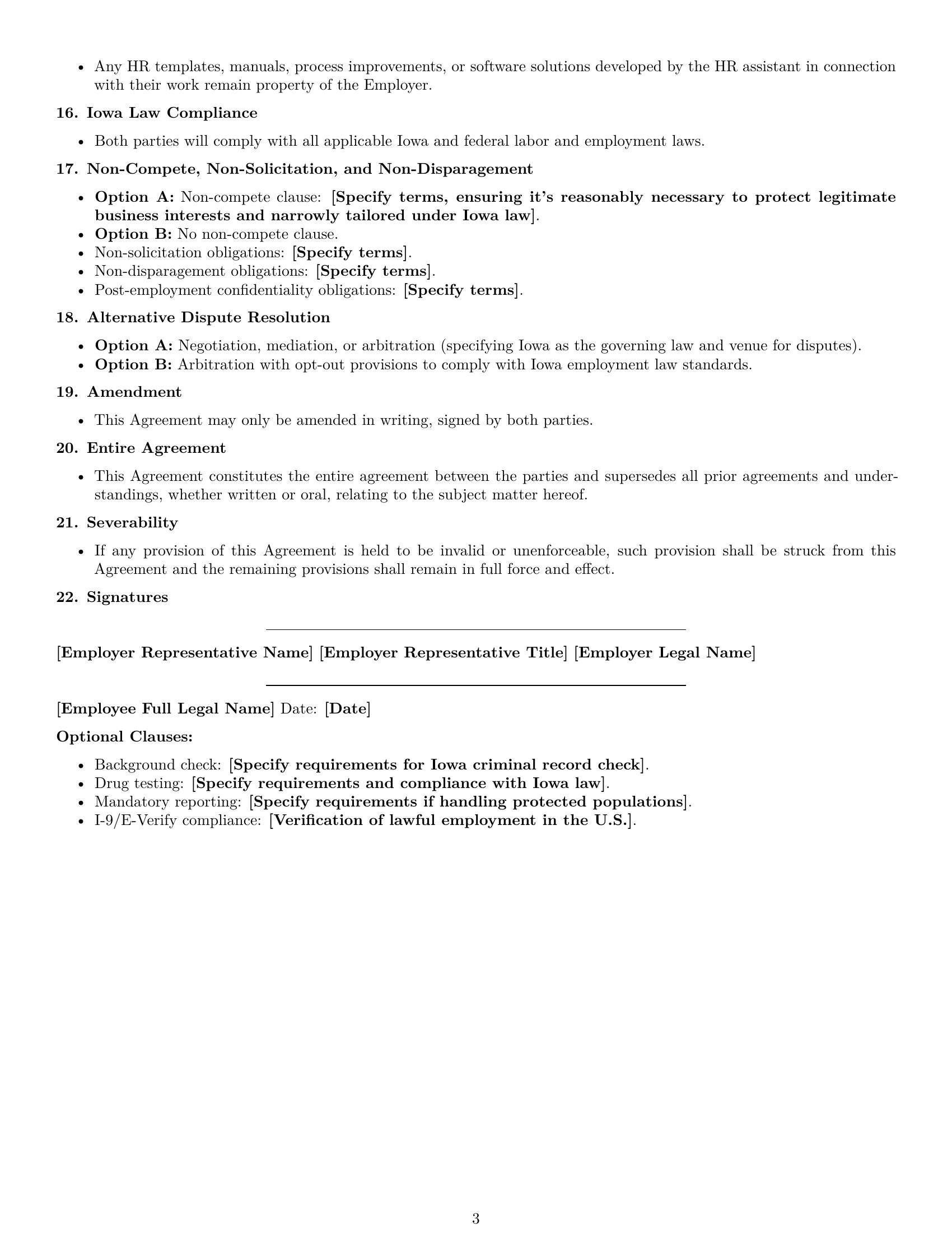 Preview page 3 of Free Iowa HR assistant employment contract template