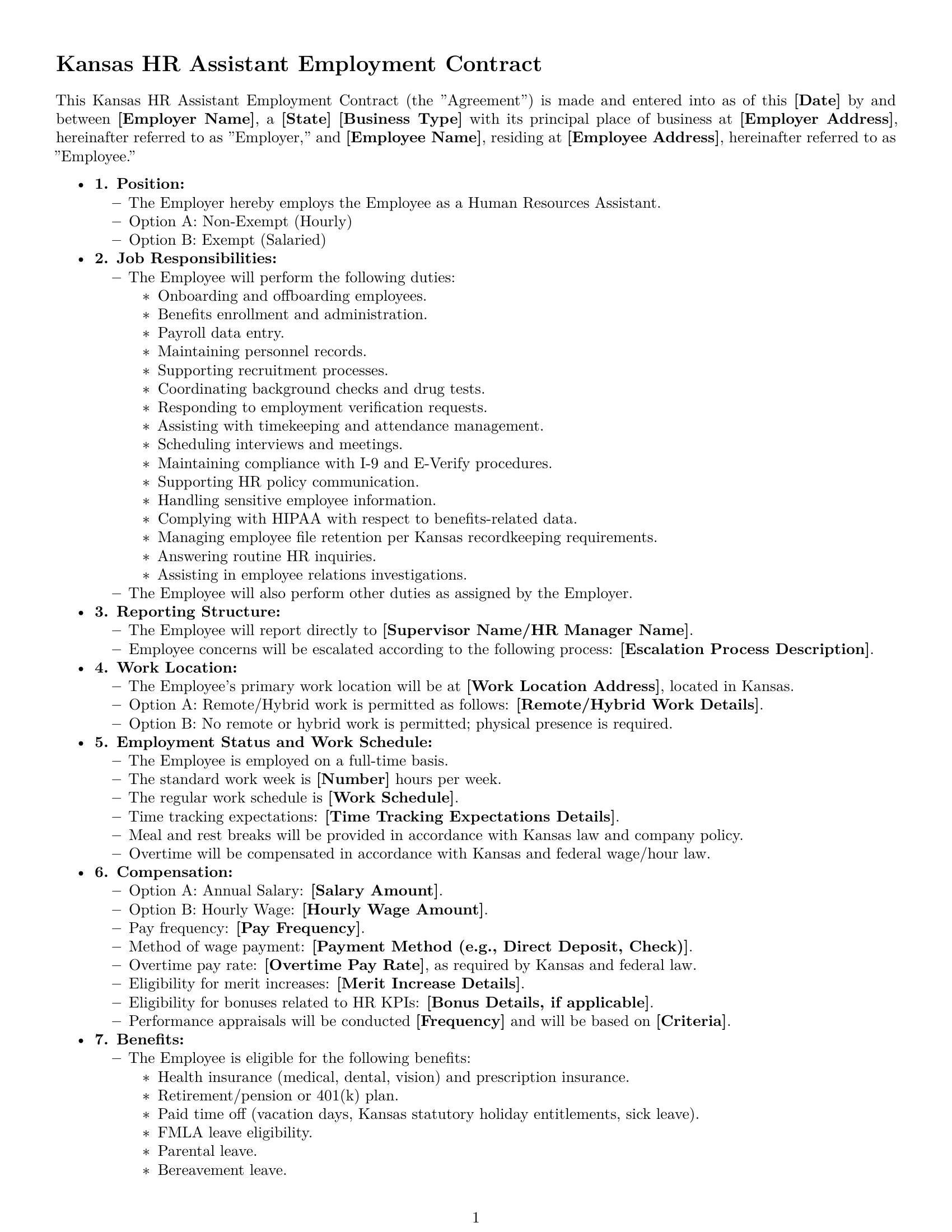 Preview page 1 of Free Kansas HR assistant employment contract template