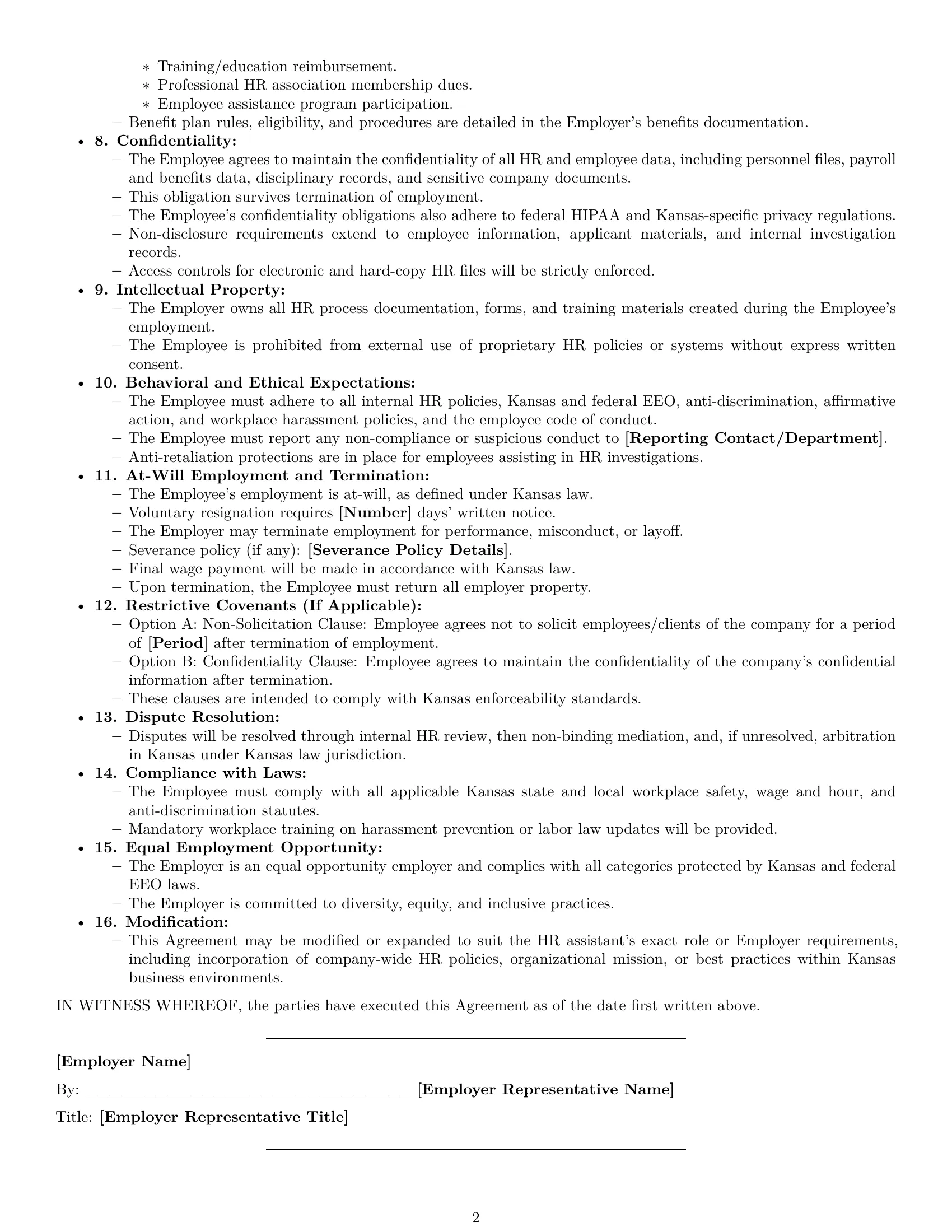 Preview page 2 of Free Kansas HR assistant employment contract template