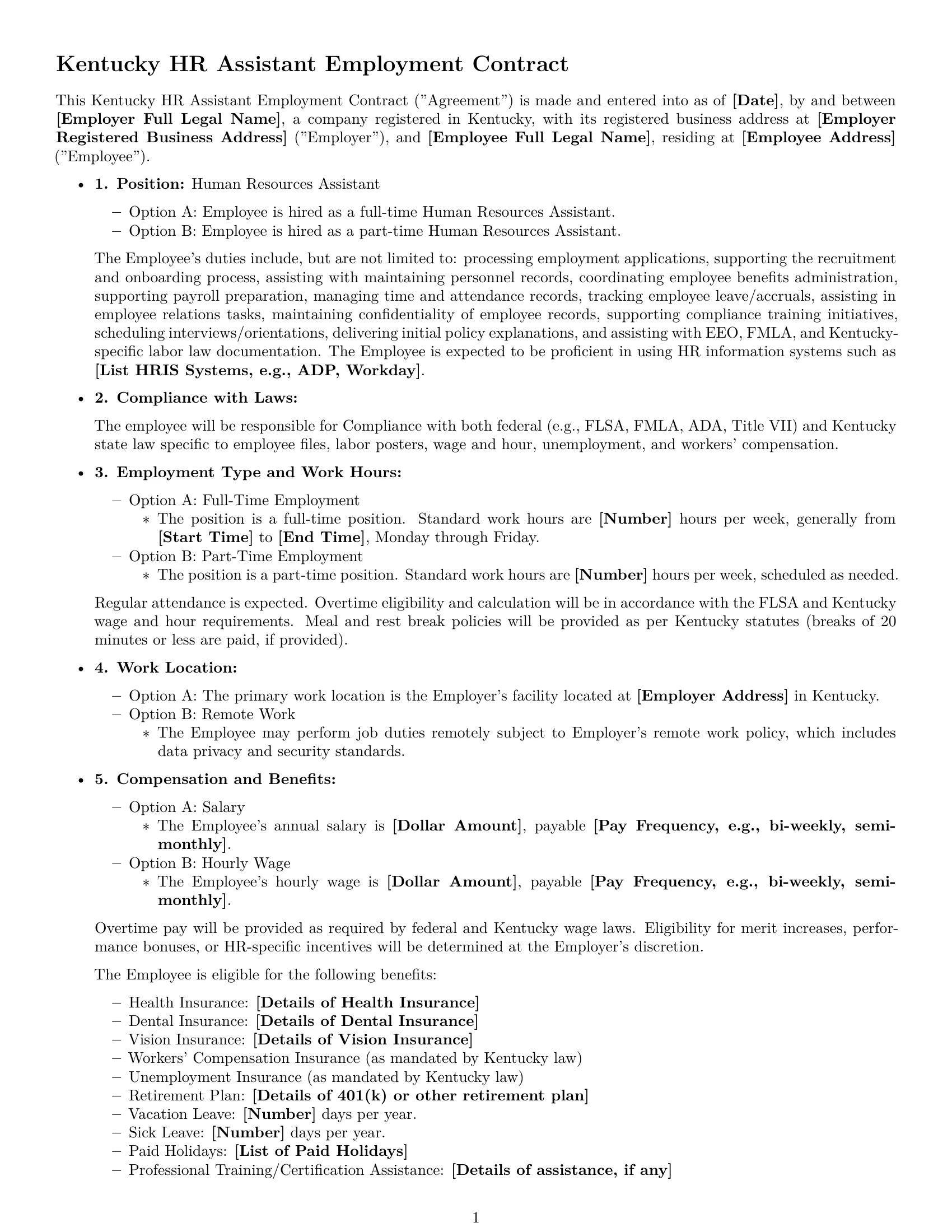 Preview page 1 of Free Kentucky HR assistant employment contract template