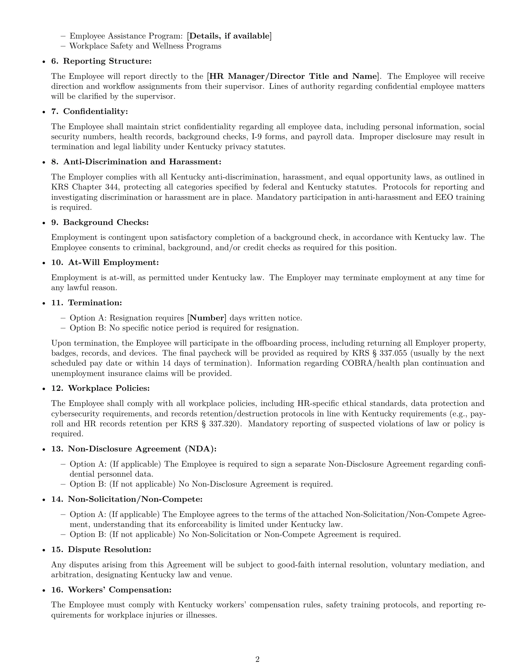 Preview page 2 of Free Kentucky HR assistant employment contract template