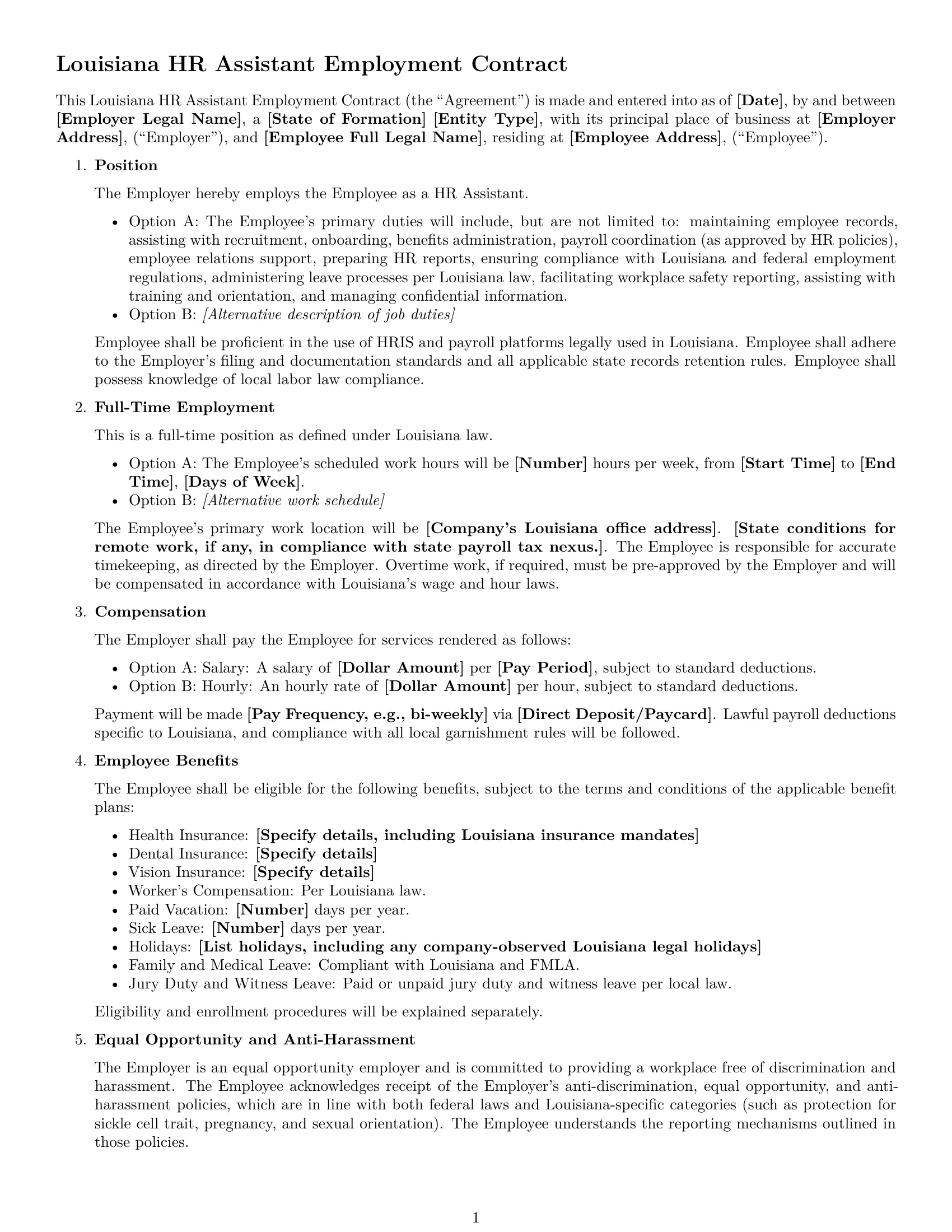 Preview page 1 of Free Louisiana HR assistant employment contract template