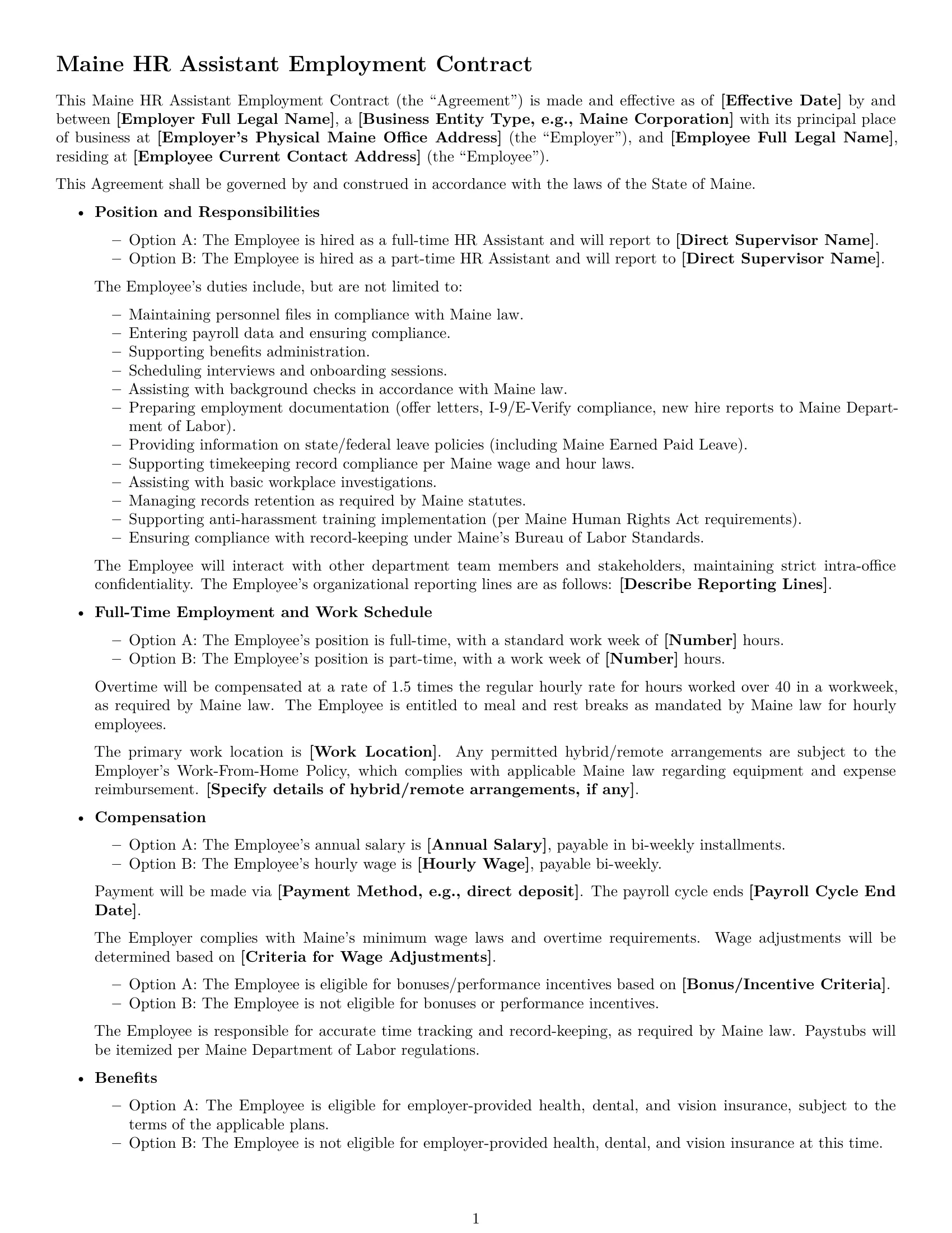 Preview page 1 of Free Maine HR assistant employment contract template