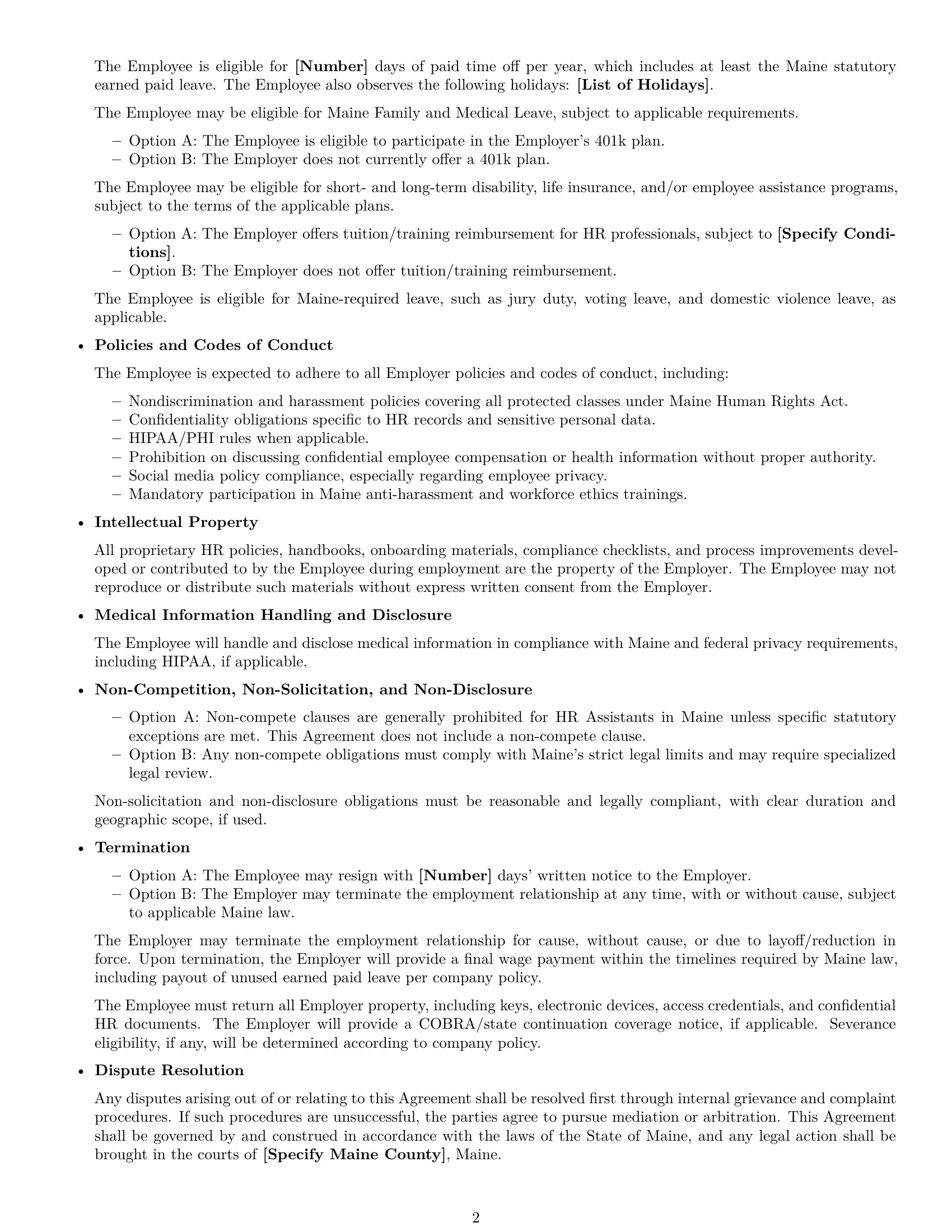 Preview page 2 of Free Maine HR assistant employment contract template