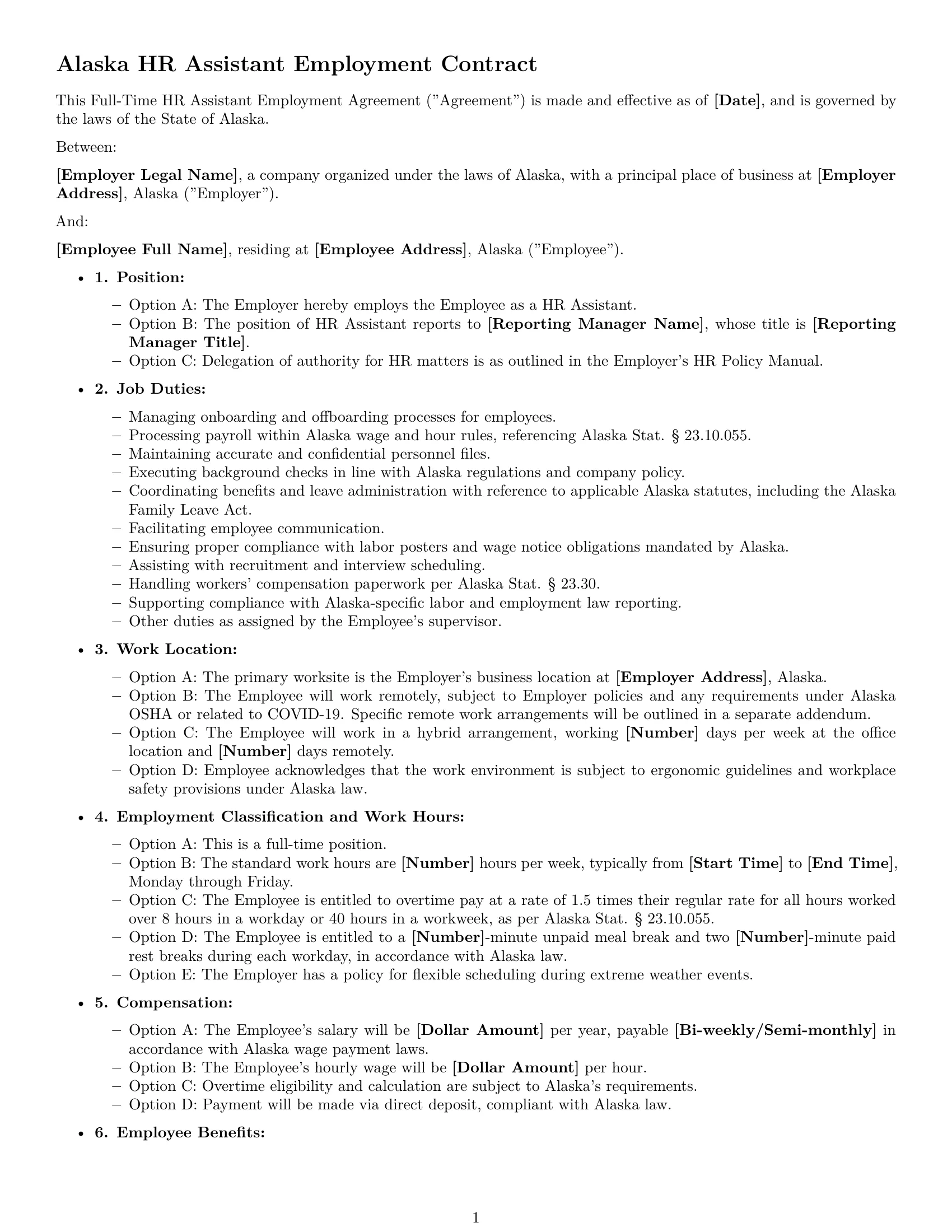 Preview page 1 of Free Alaska HR assistant employment contract template