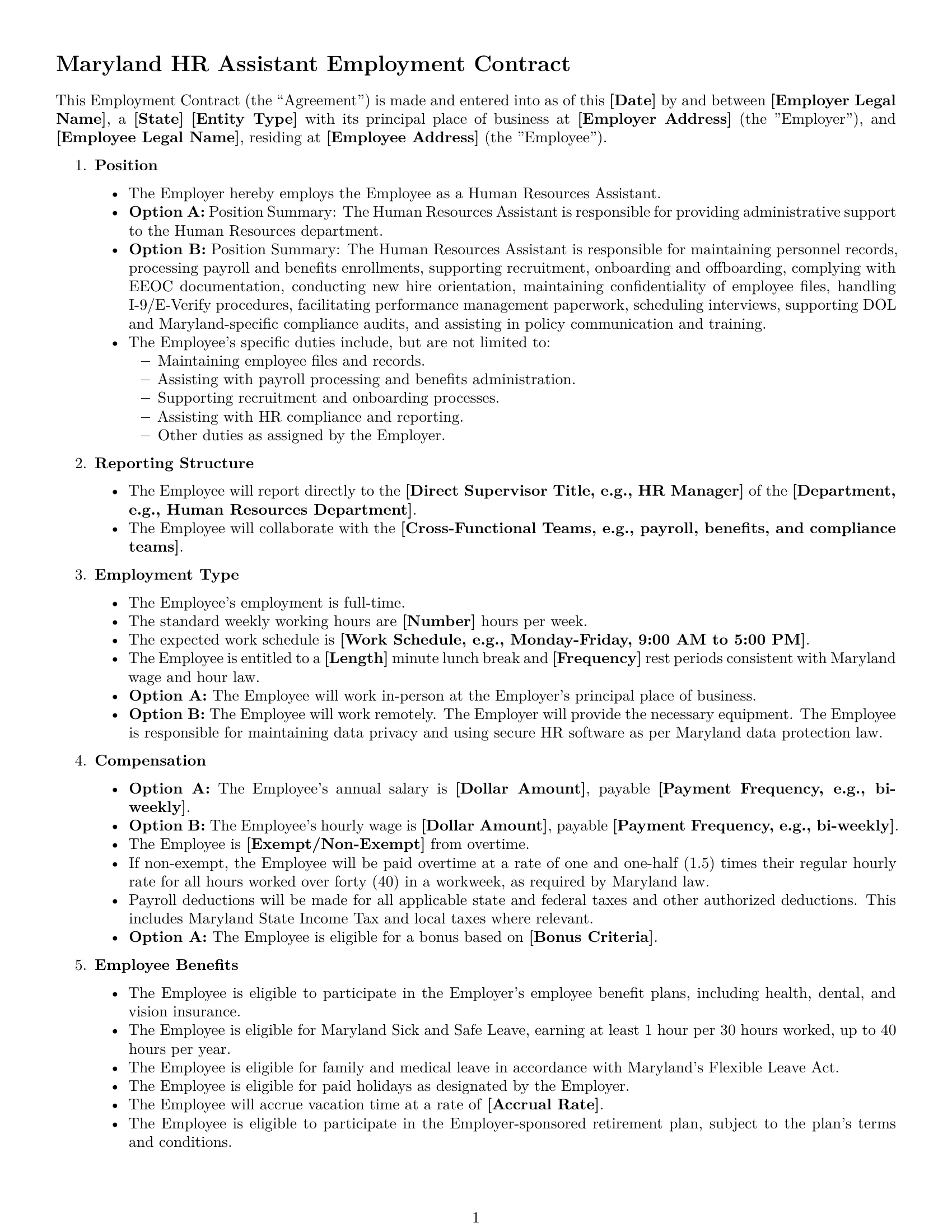 Preview page 1 of Free Maryland HR assistant employment contract template