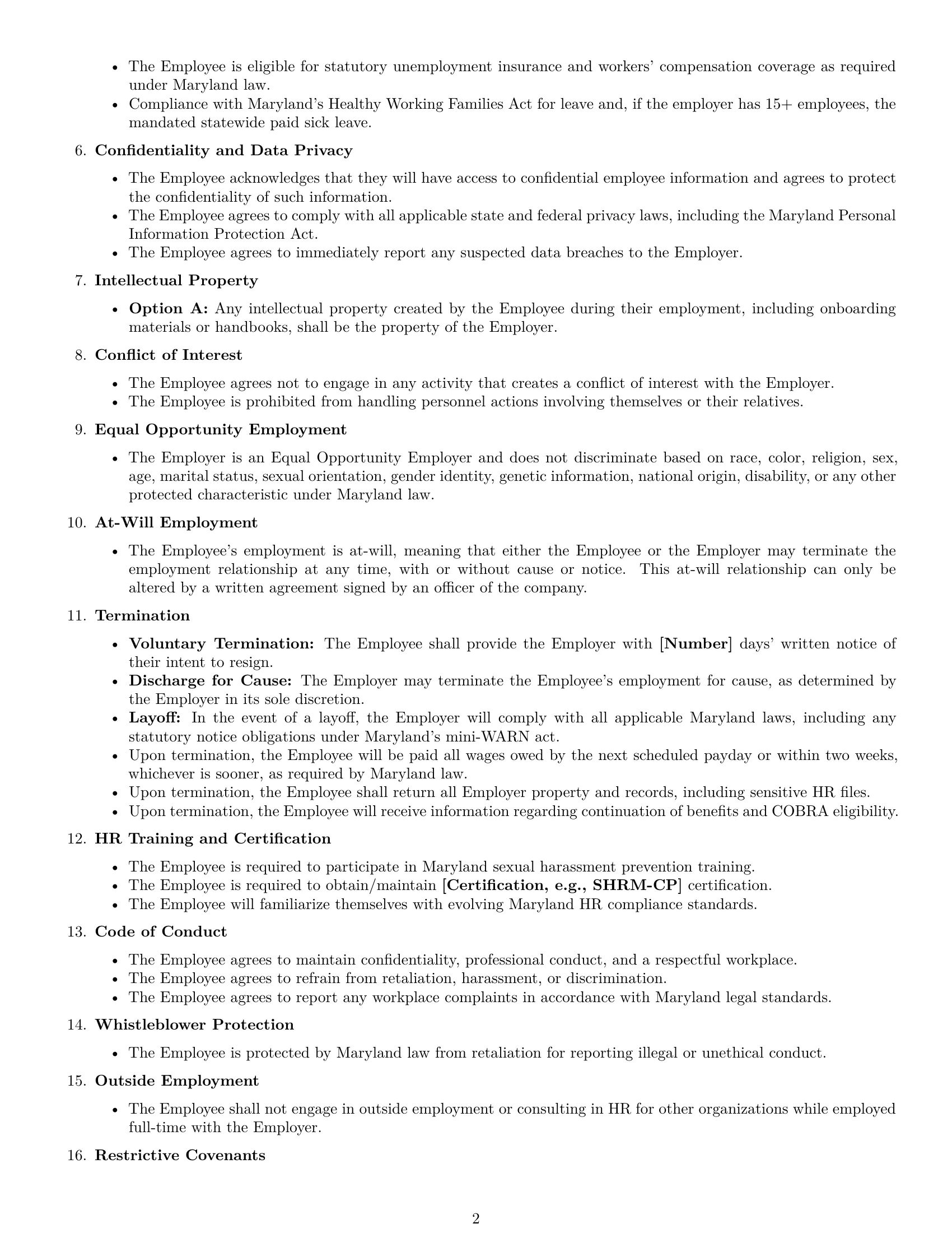 Preview page 2 of Free Maryland HR assistant employment contract template