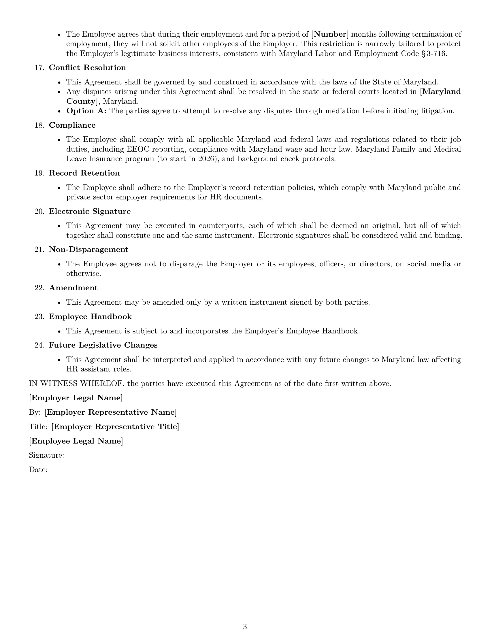 Preview page 3 of Free Maryland HR assistant employment contract template