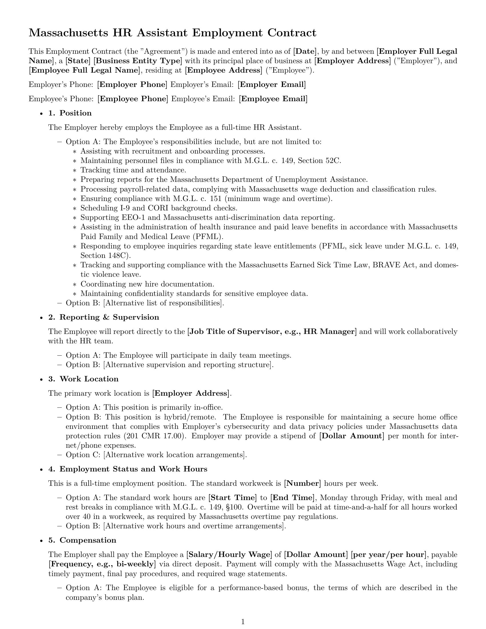 Preview page 1 of Free Massachusetts HR assistant employment contract template