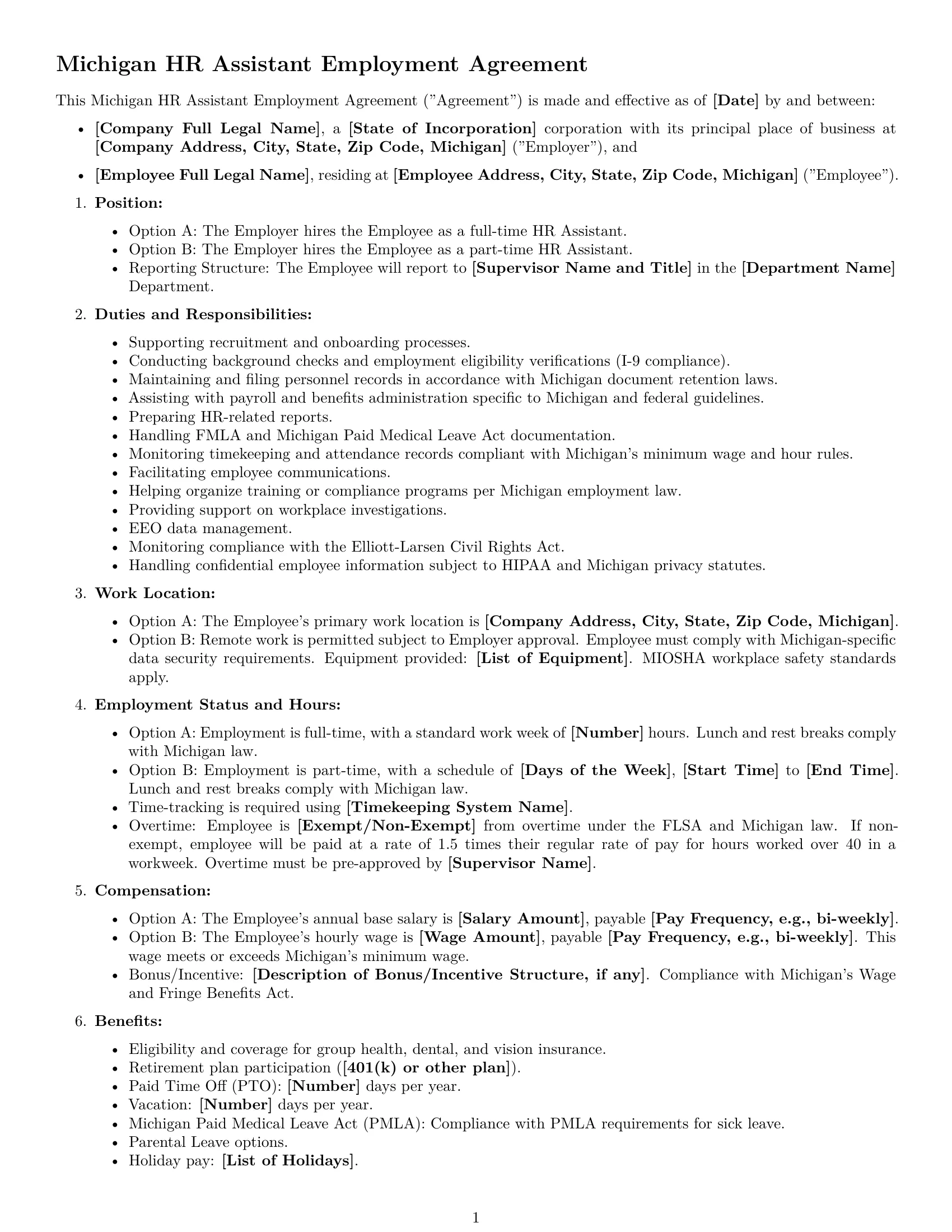 Preview page 1 of Free Michigan HR assistant employment contract template