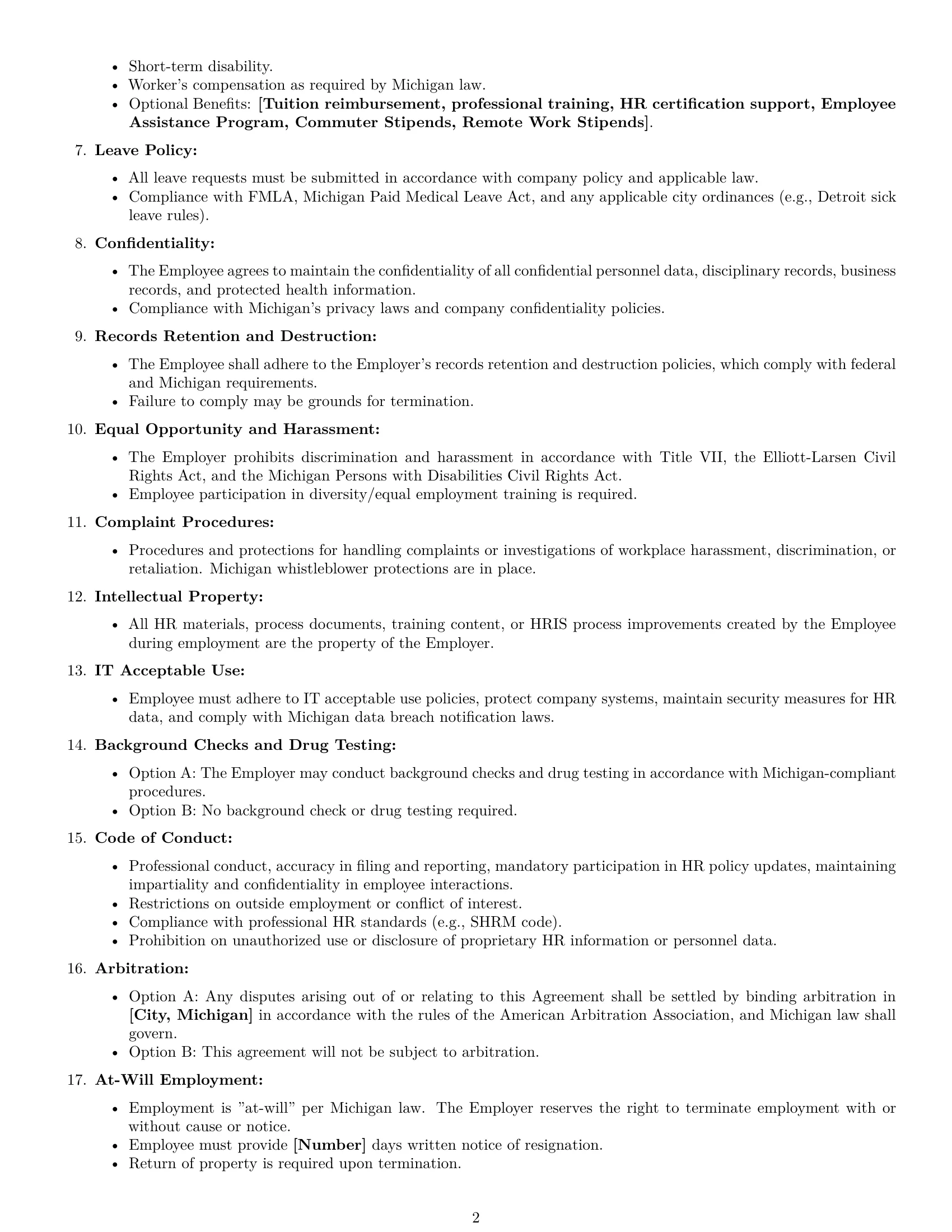Preview page 2 of Free Michigan HR assistant employment contract template