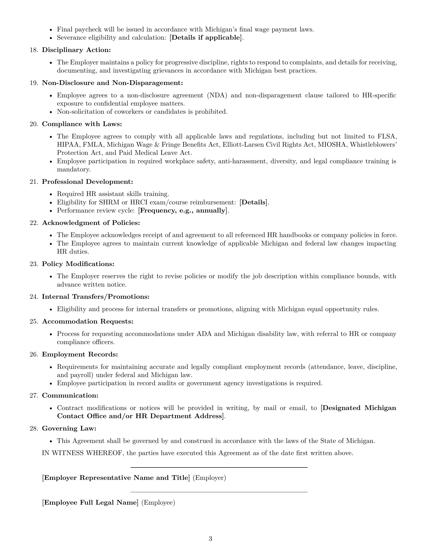 Preview page 3 of Free Michigan HR assistant employment contract template