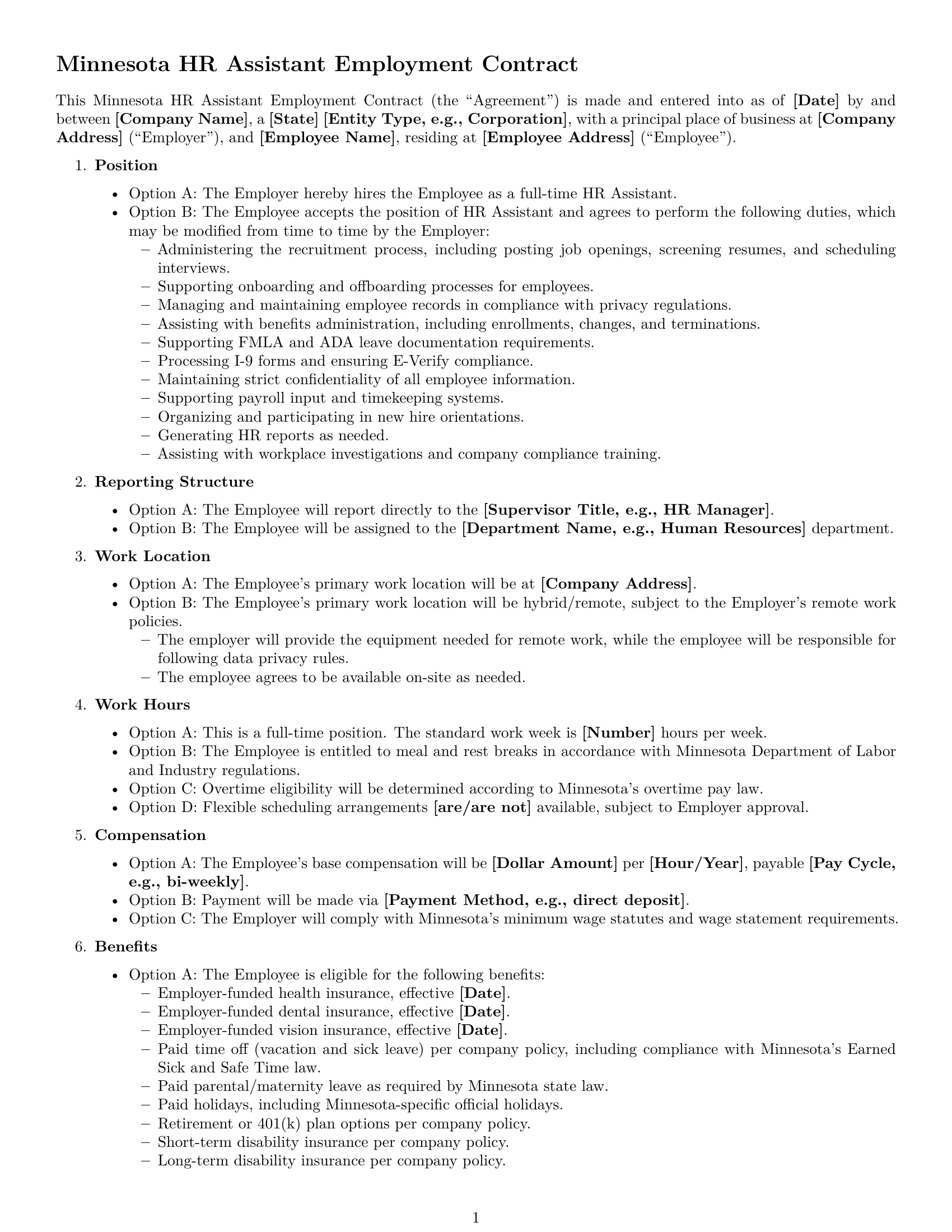 Preview page 1 of Free Minnesota HR assistant employment contract template