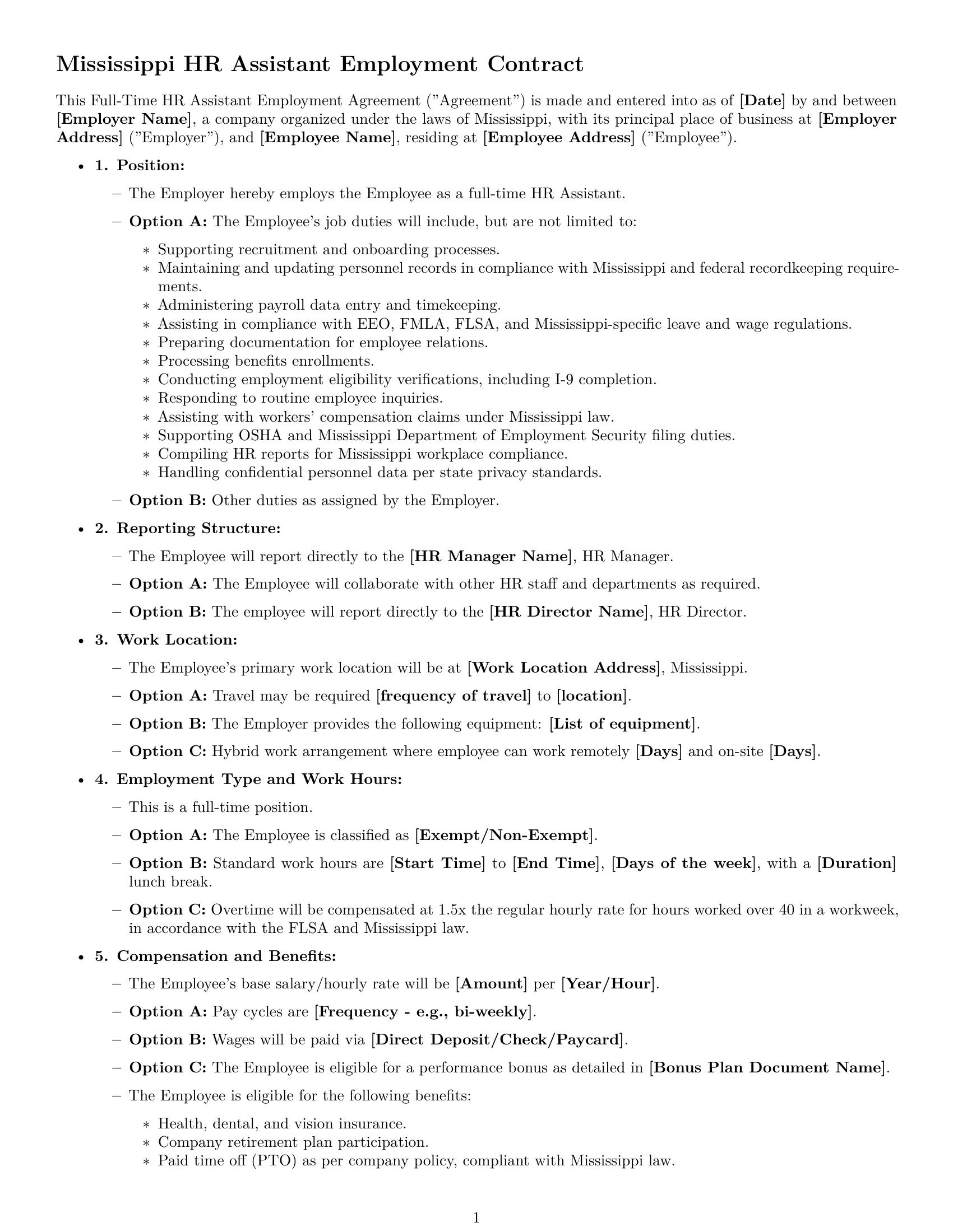 Preview page 1 of Free Mississippi HR assistant employment contract template